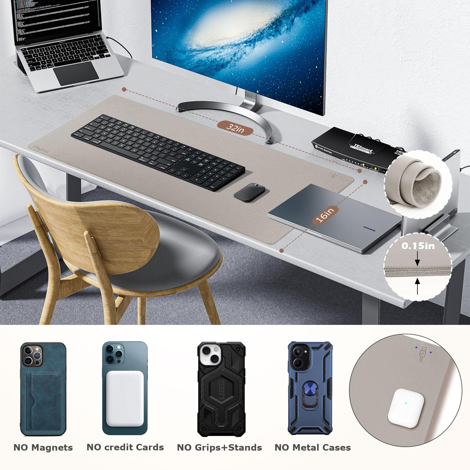 Firelison 2-in-1 Wireless Charging Mouse Pad - Leather Desk Mat with Non-Slip Rubber Base, Waterproof Office Desk Pad for Computer, Work & Home Decor (32