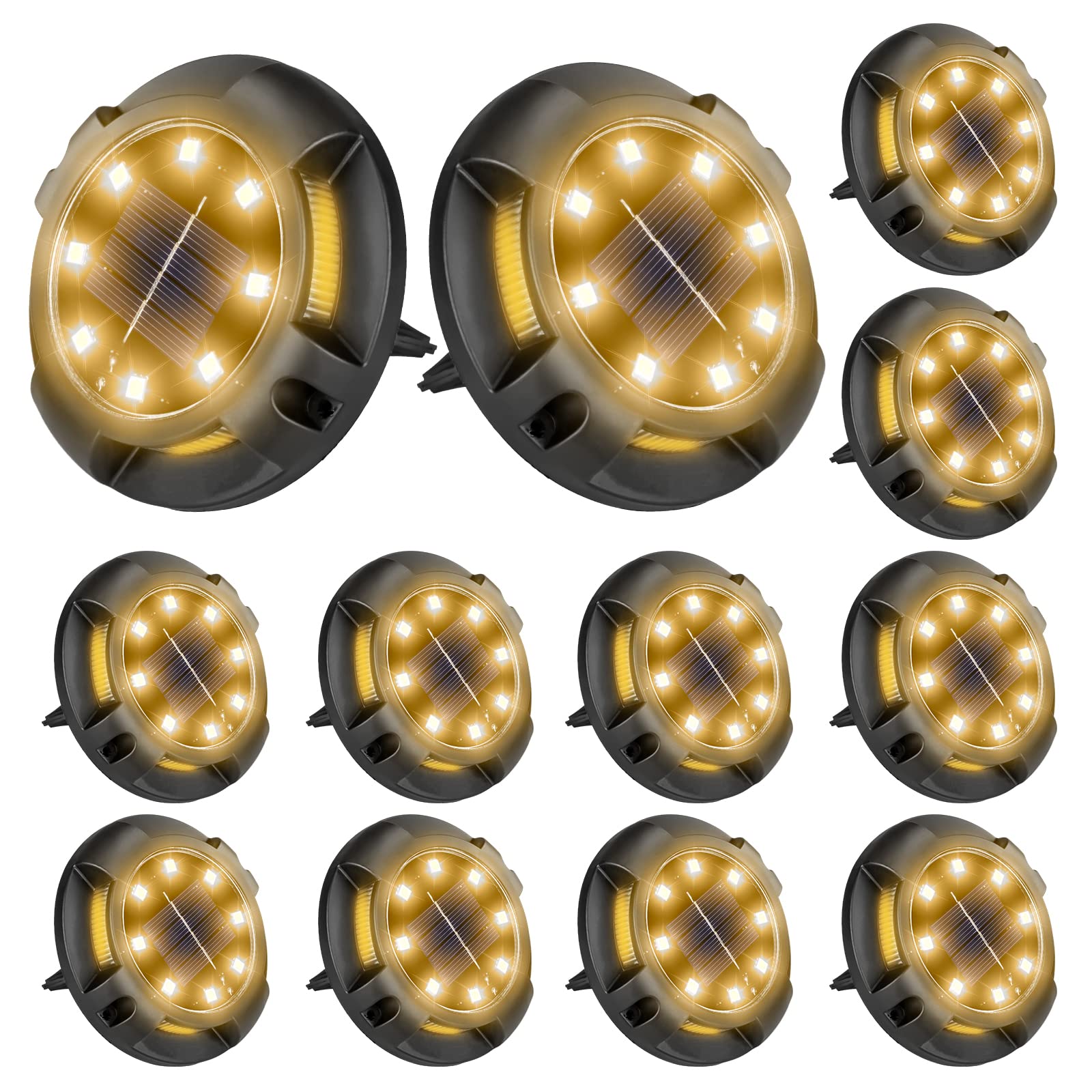 Fohil 12 Pack Solar Disk Lights - 12 LED Waterproof Outdoor In-Ground Lights for Pathway, Lawn, Yard, Patio, Walkway, Driveway, Deck, Garden Decor - Warm White Solar Landscape Lighting for Nighttime Safety and Ambience