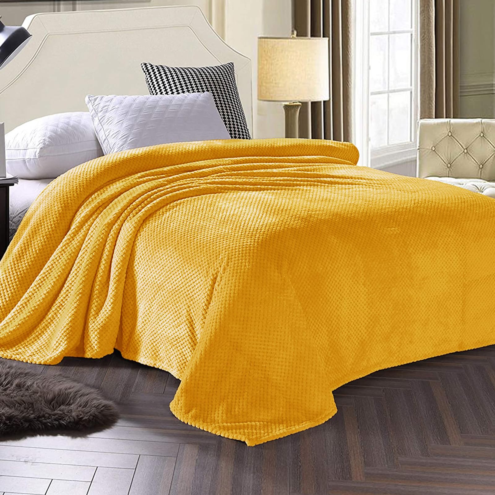 Premium Fleece Blend Queen Size Bed Blanket - Ultra Soft & Warm Waffle Textured Throw for Couch, Sofa & Bed - Cozy, Lightweight & Fuzzy (Mustard Yellow, 90x90 Inches) - Perfect for Winter Nights, Movie Time & Home Decor