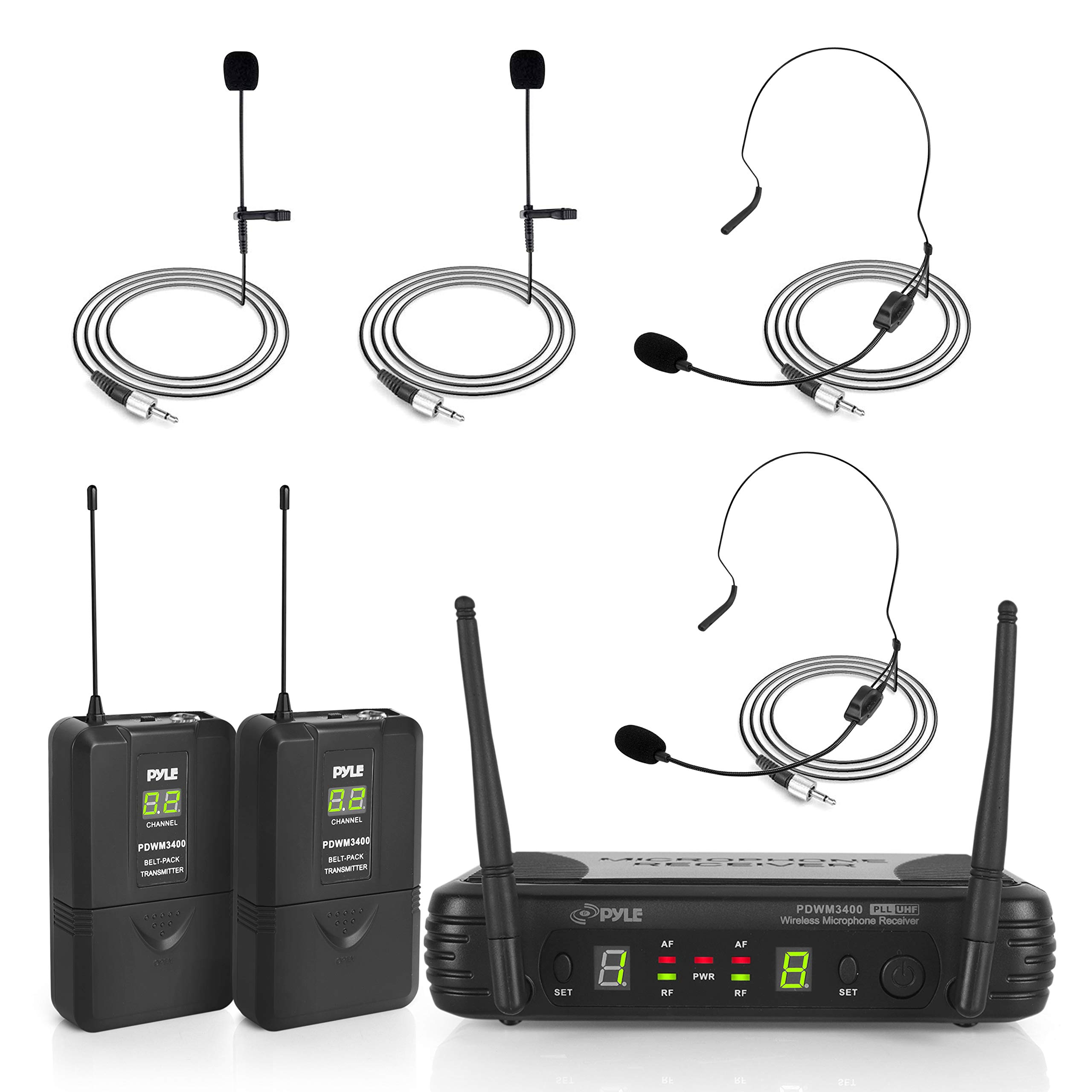 Pyle 2 Channel Wireless Microphone System with Headset & Lavalier Mics - 2X120W Bluetooth Stereo Power Amplifier with Mixing Modes for Karaoke, Home Theater & Live Performances