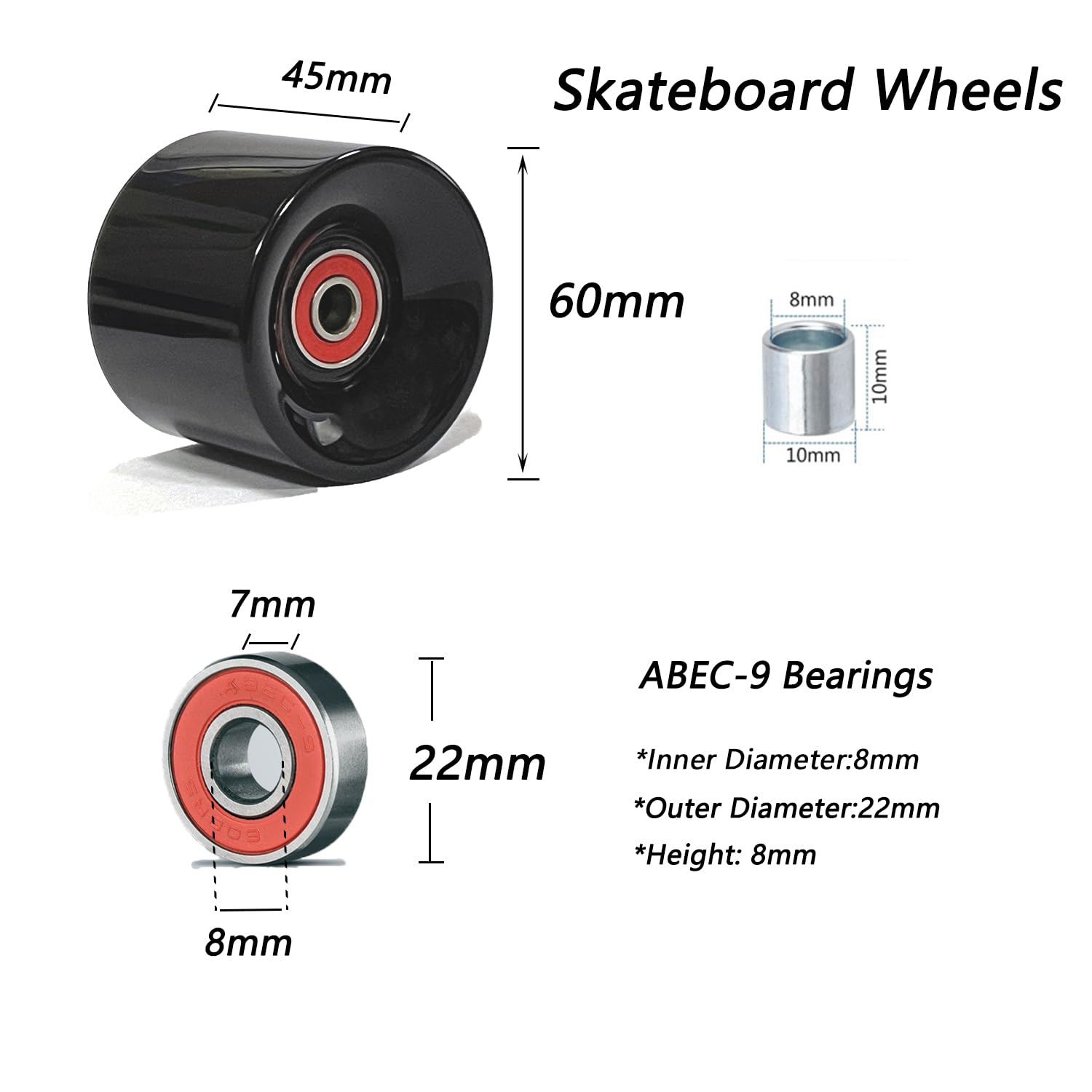 60mm Cruiser Wheels 80A with ABEC-9 Bearings, Spacers, Riser Pads, and Hardware Screws - Perfect for Cruiser Skateboards, Penny Boards, and Urban Commuting