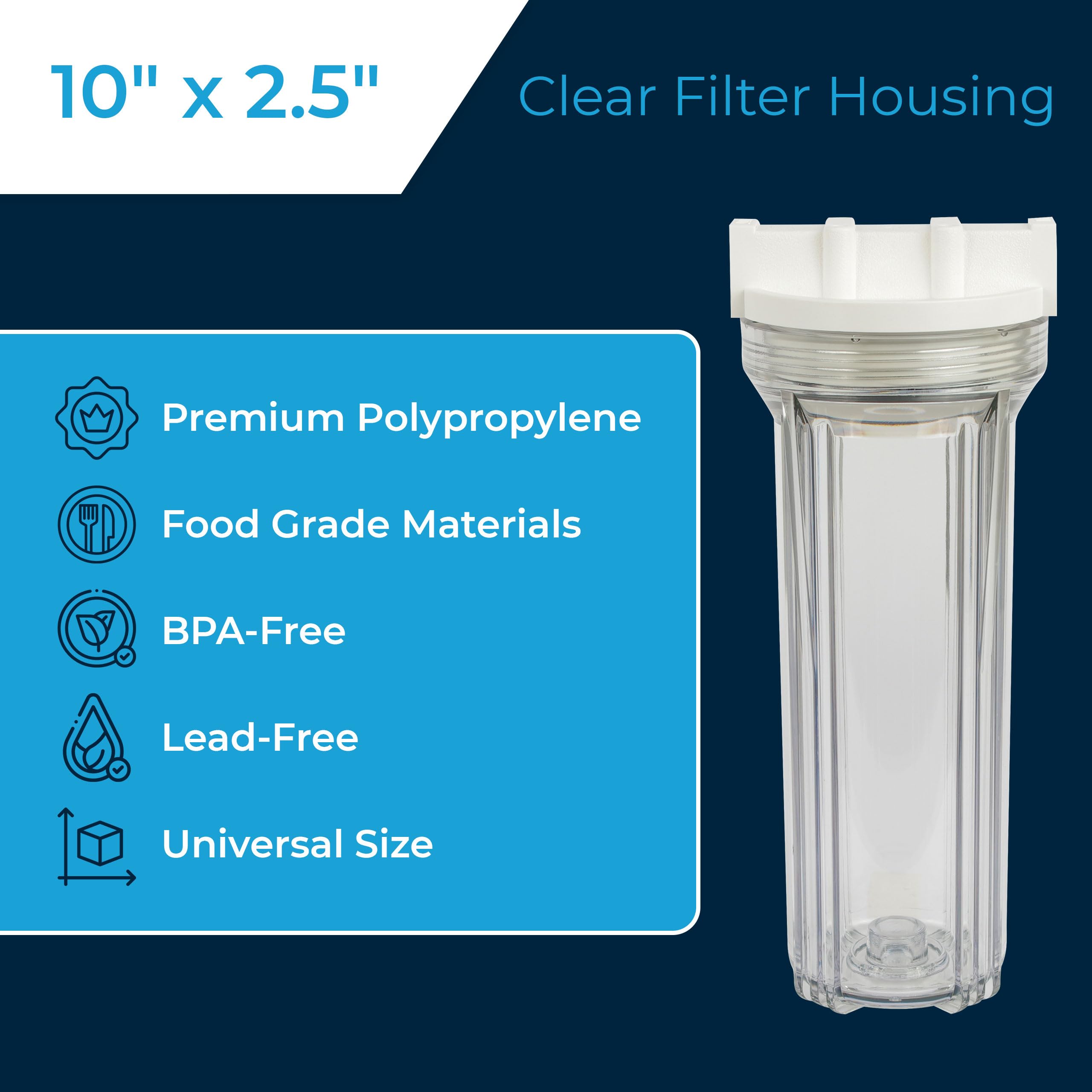 SpiroPure 10 Inch Clear Water Filter Housing - 2.5 x 10/158117 Standard Transparent Housing (Case of 12) - Perfect for Under Sink, RV & Whole House Water Filtration Systems