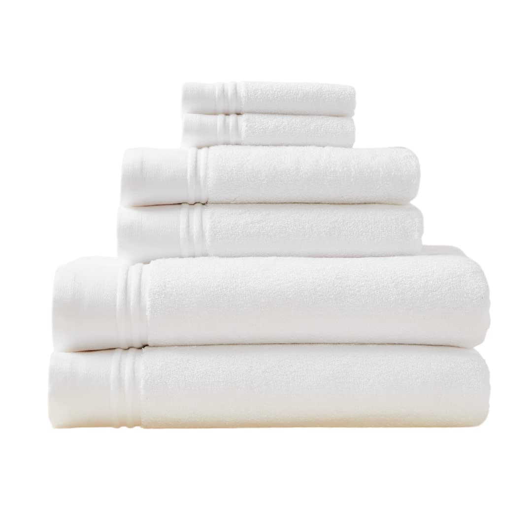 Premium 100% Cotton Bath Towel Set - 700 GSM Luxury Towels for Bathroom & Spa, 2 Bath Towels, 2 Hand Towels & 2 Washcloths - Ultra Soft, Absorbent & Durable - White with Double Stripe - Perfect for Hotels, Guest Bathrooms & Luxury Home Decor