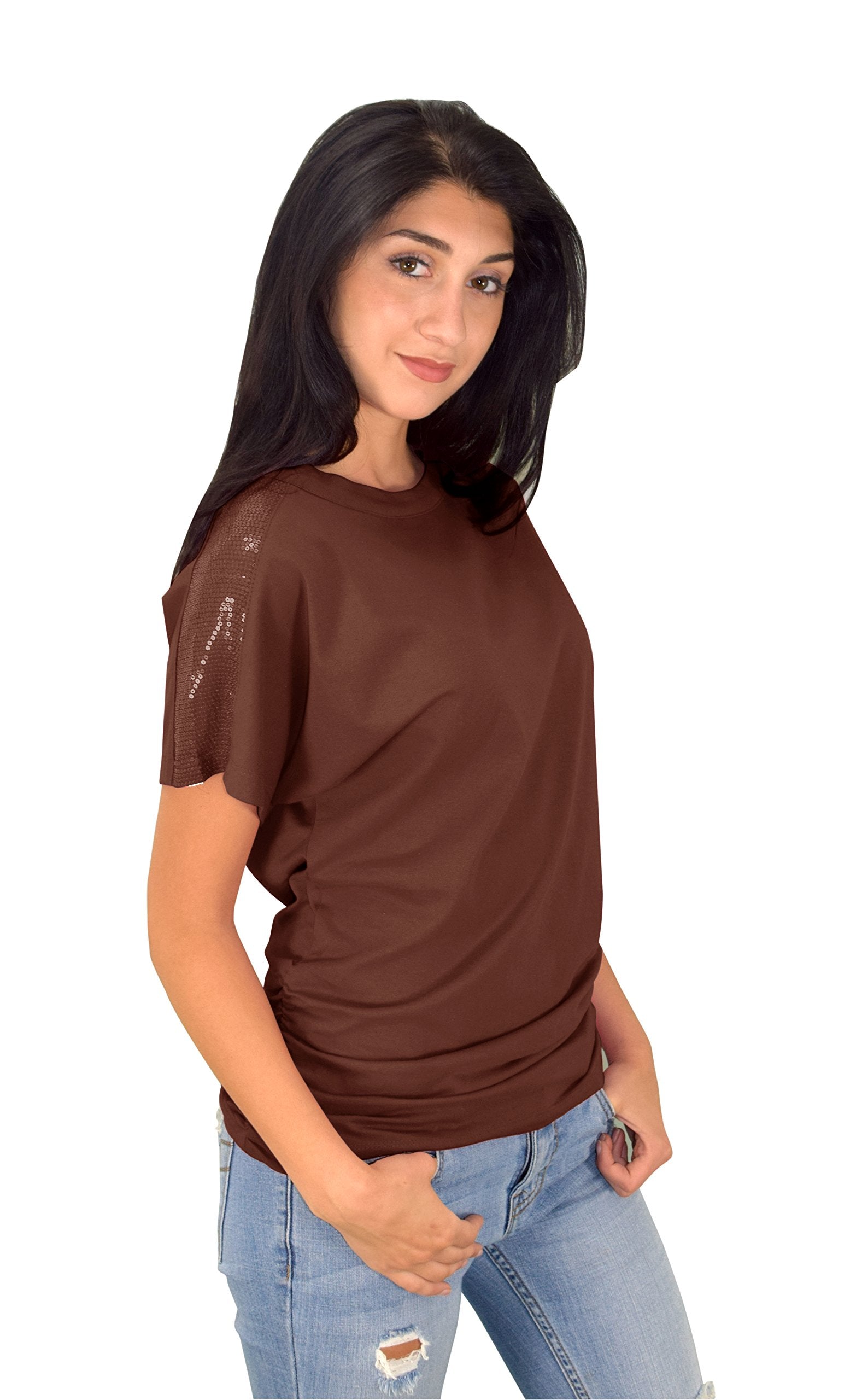 Women's Elegant Cotton Boat Neck Dolman Top with Shirring Drape & Sequin Shoulder Detail - Perfect for Casual Wear, Parties & Evening Outfits