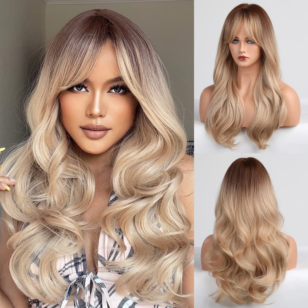 Ombre Blonde Real Human Hair Wig with Bangs - Long Curly Glueless Lace Front Wig for Women | Breathable Lightweight Tangle-Free Natural Look | Perfect for Daily Wear, Parties, Cosplay & Special Occasions