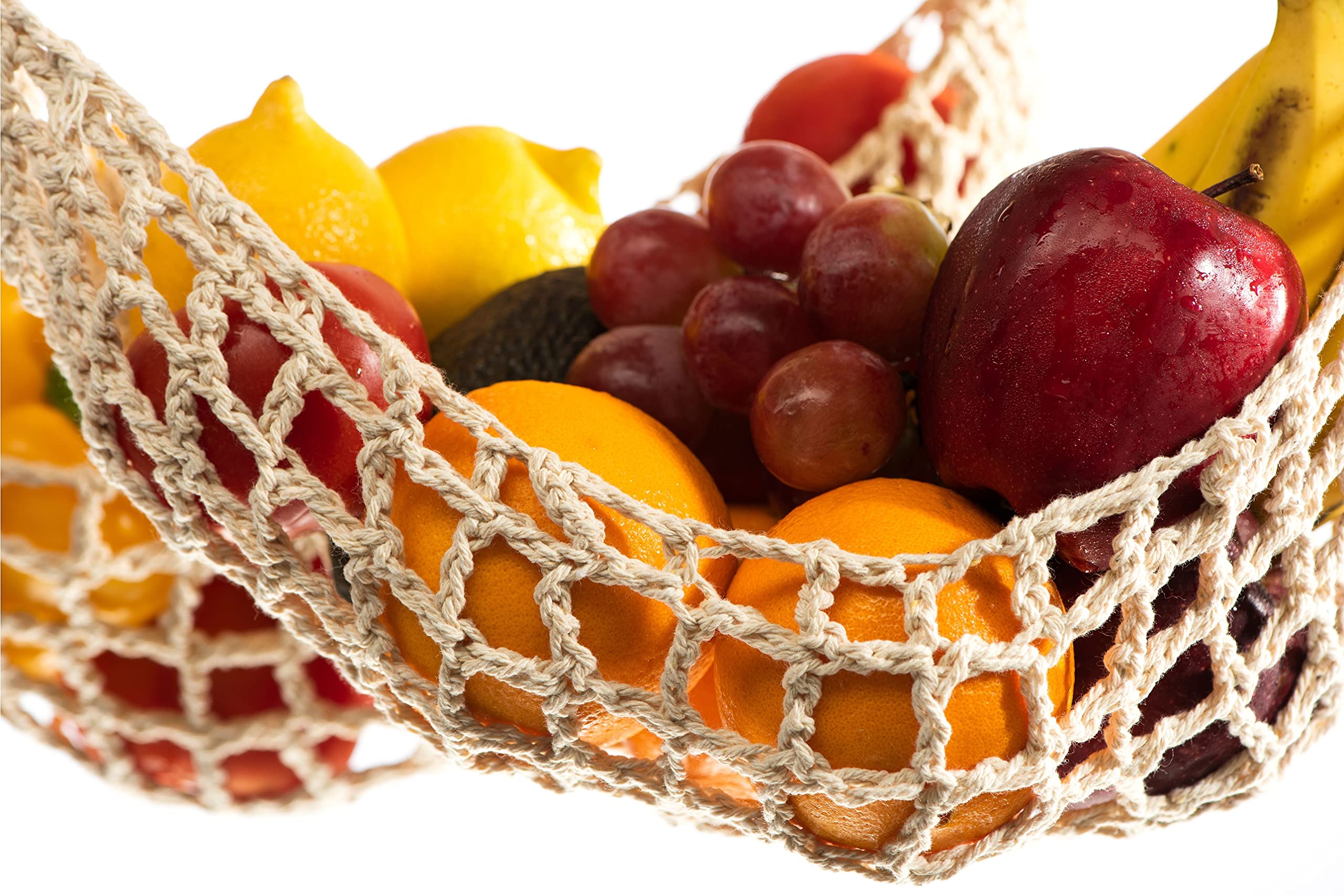 3 Pack Hanging Fruit Hammock - 3 Handwoven Cotton Vegetable & Banana Storage Baskets with 6 Hooks - Space Saving Kitchen Organizer for Counter, Cabinet, RV or Boat - Perfect for Storing Fruits, Vegetables & Kitchen Essentials