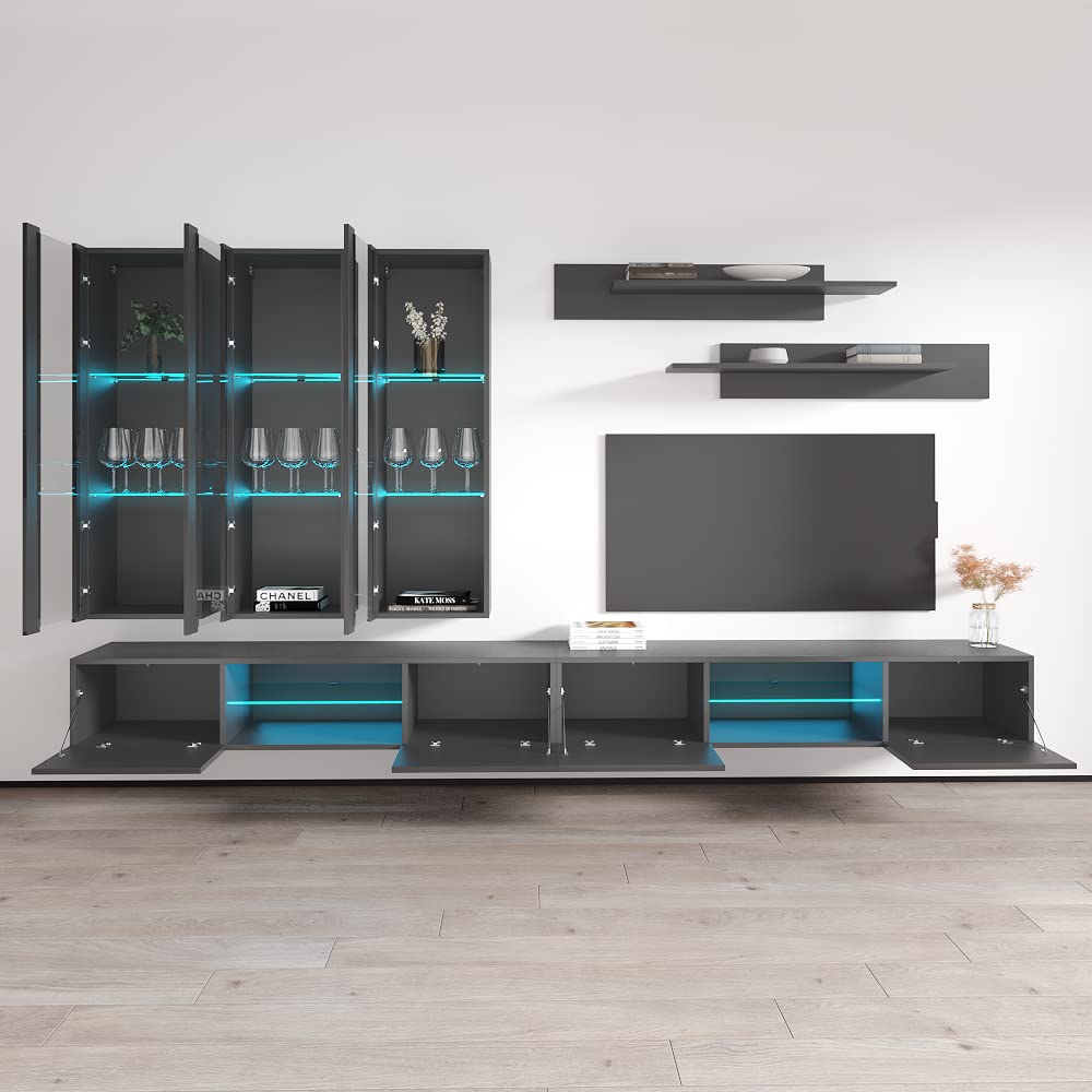 Modern Gray Wall-Mounted TV Stand with Storage Shelves & LED Lights - Fly E33 Entertainment Center Console for Living Room & Bedroom - Space-Saving Media Storage Solution for TVs up to 65