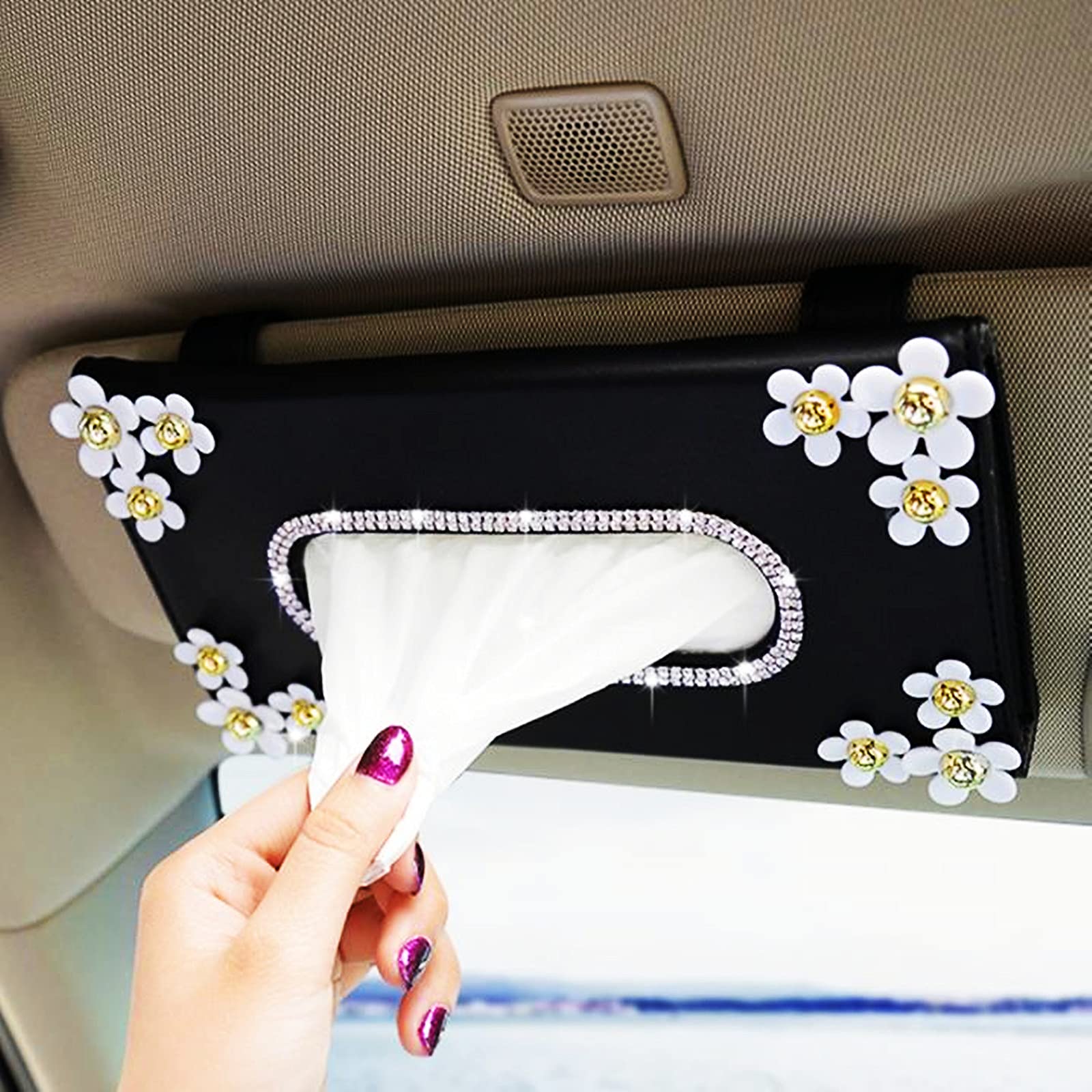 SANGKN Daisy PU Leather Car Visor Tissue Holder - Black Car Backseat Napkin Box Organizer for Travel, Road Trips & Daily Commute