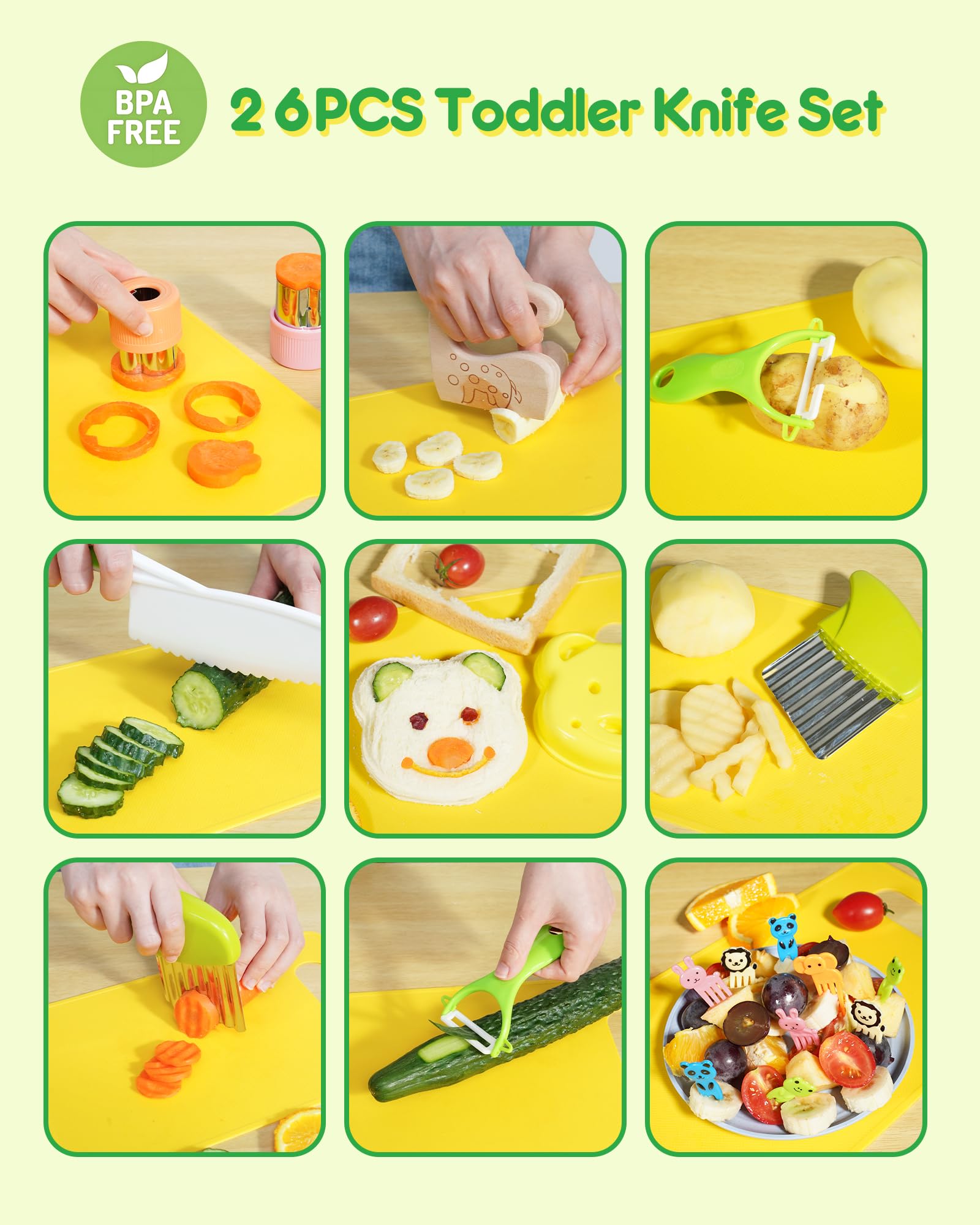 26 Pcs Kids Knife Set - Montessori Safe Cooking Tools for Toddlers 4+ Years Old | BPA-Free Plastic Knives, Crinkle Cutters, Peeler & Cutting Board | Perfect for Real Cooking Practice & Early Childhood Development