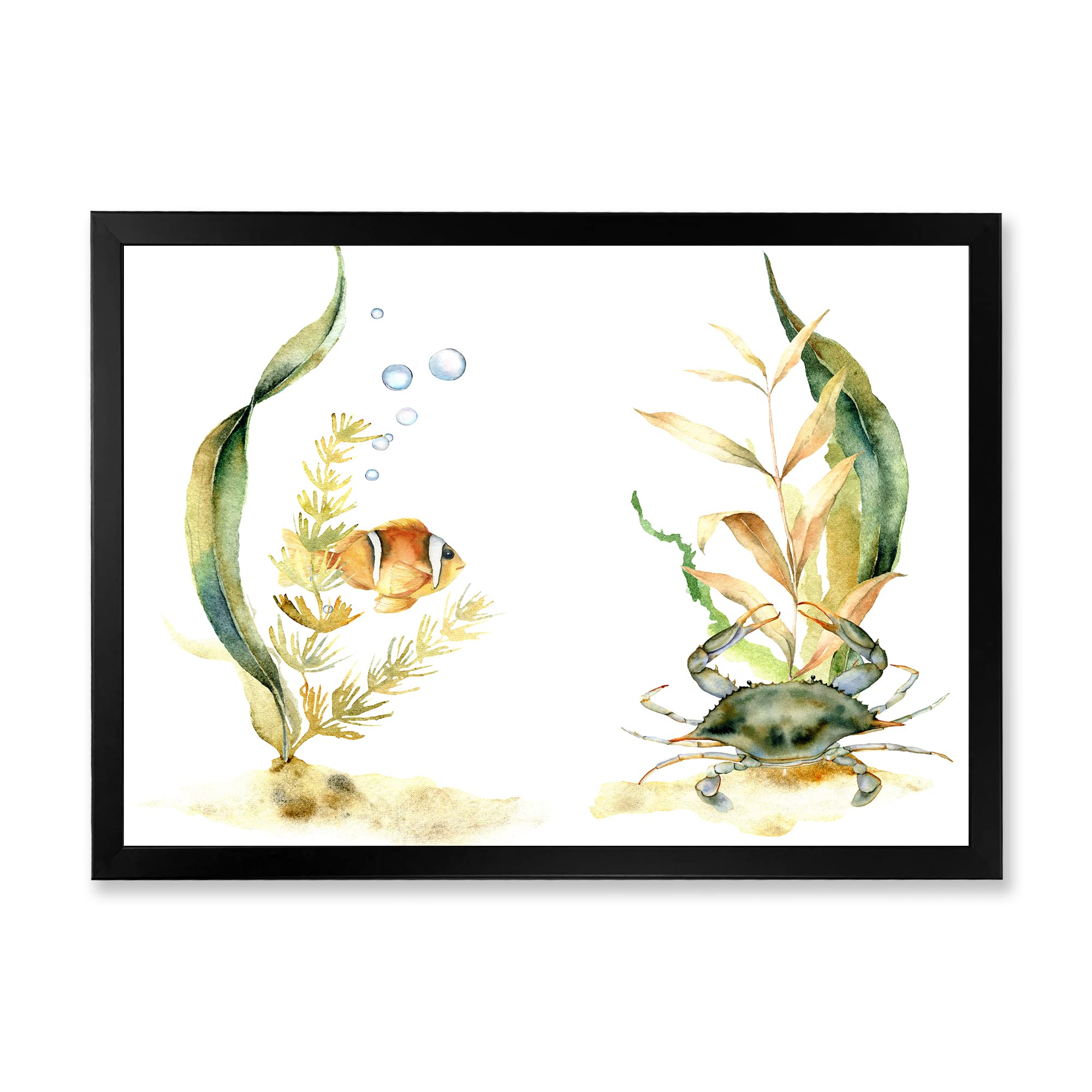 DesignQ Tropical Fish with Algae & Air Bubbles Framed Wall Art - Ocean Theme Home Decor for Living Room, Bedroom & Office