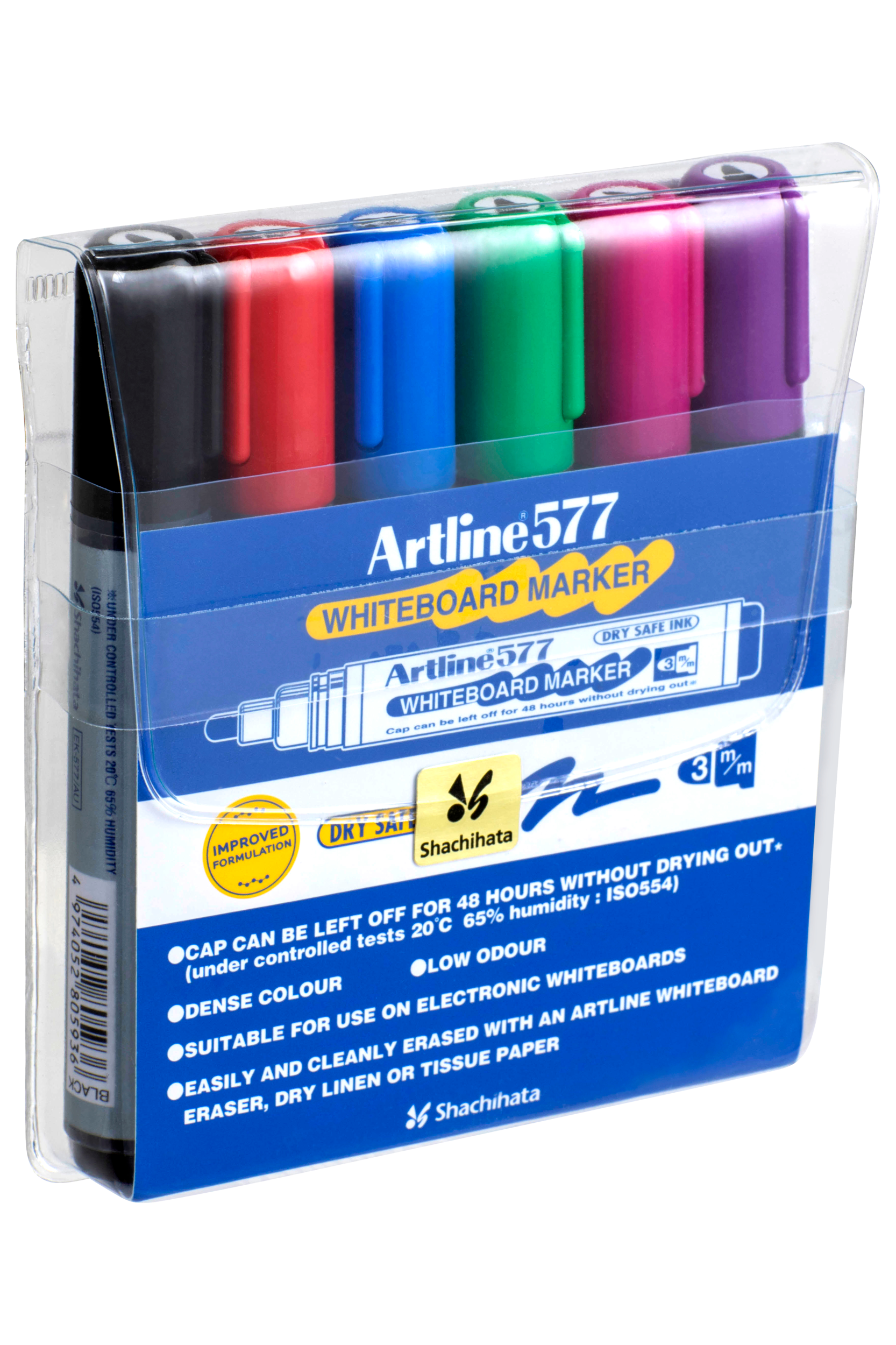 Artline 577 Whiteboard Markers - 6 Pack with 3mm Bullet Tip for Classroom, Office & Home Use - Dry Erase Markers for Whiteboards, Glass & Non-Porous Surfaces
