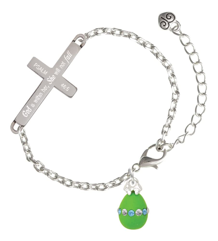 Delight Jewelry Silvertone Easter Egg Charm Bracelet with Crystal Band & Engraved Cross - Psalm 46:5 'She Will Not Fall' - Adjustable 6.5