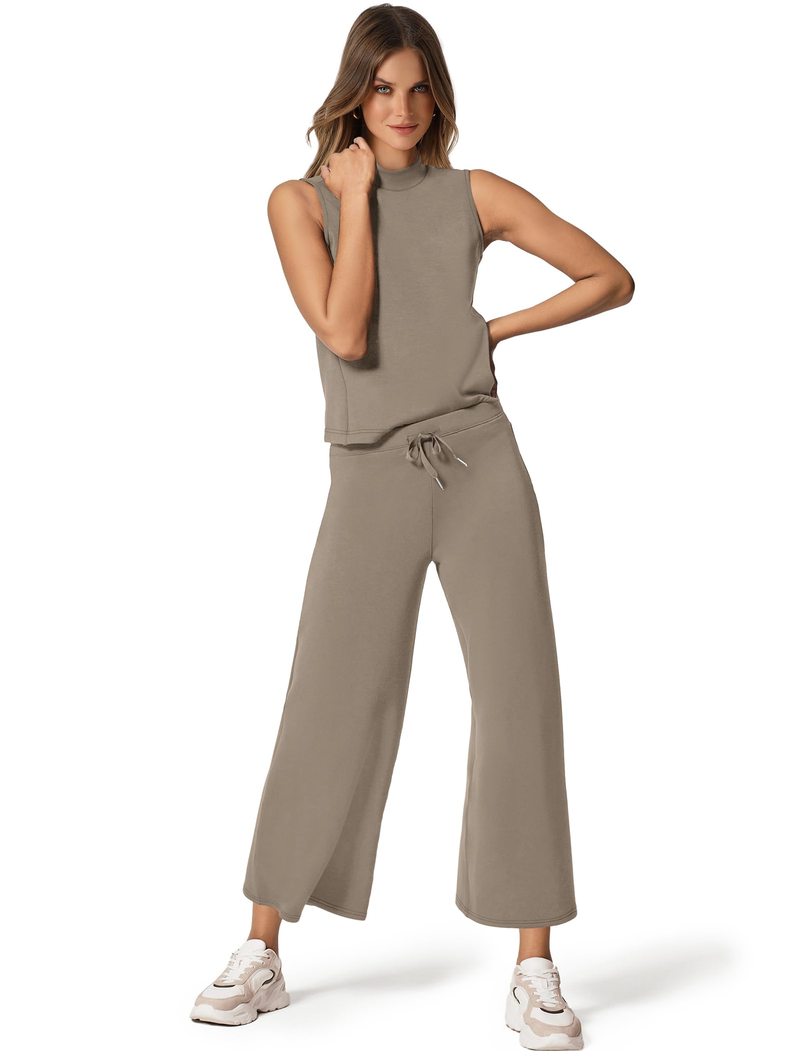 Women's Summer Two Piece Outfits - SAMPEEL Lounge Sets with Mock Neck Tops & Wide Leg Crop Pants | Casual Vacation Travel Clothes for Beach, Brunch & Relaxing at Home