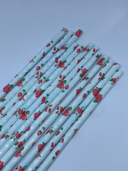 100 Pack Blue Flower Paper Straws - Eco-Friendly Disposable Drinking Straws for Parties, Weddings, and Home Decor