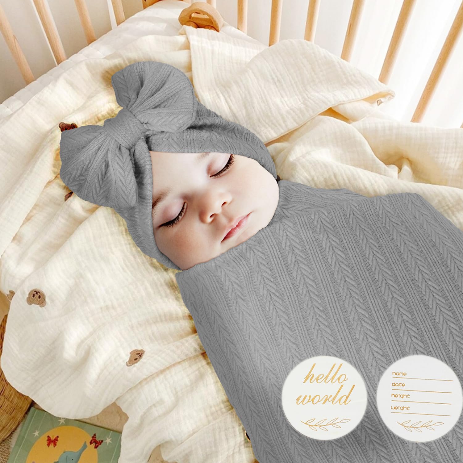 5PCS Baby Security Blankets - Soft Adjustable Wearable Swaddle Blankets for Newborns, 5-Piece Set with Hello World Wooden Birth Announcement Card, Perfect for Boys & Girls (Grey) - Ideal for Nursery, Swaddling, Stroller & Photo Shoots