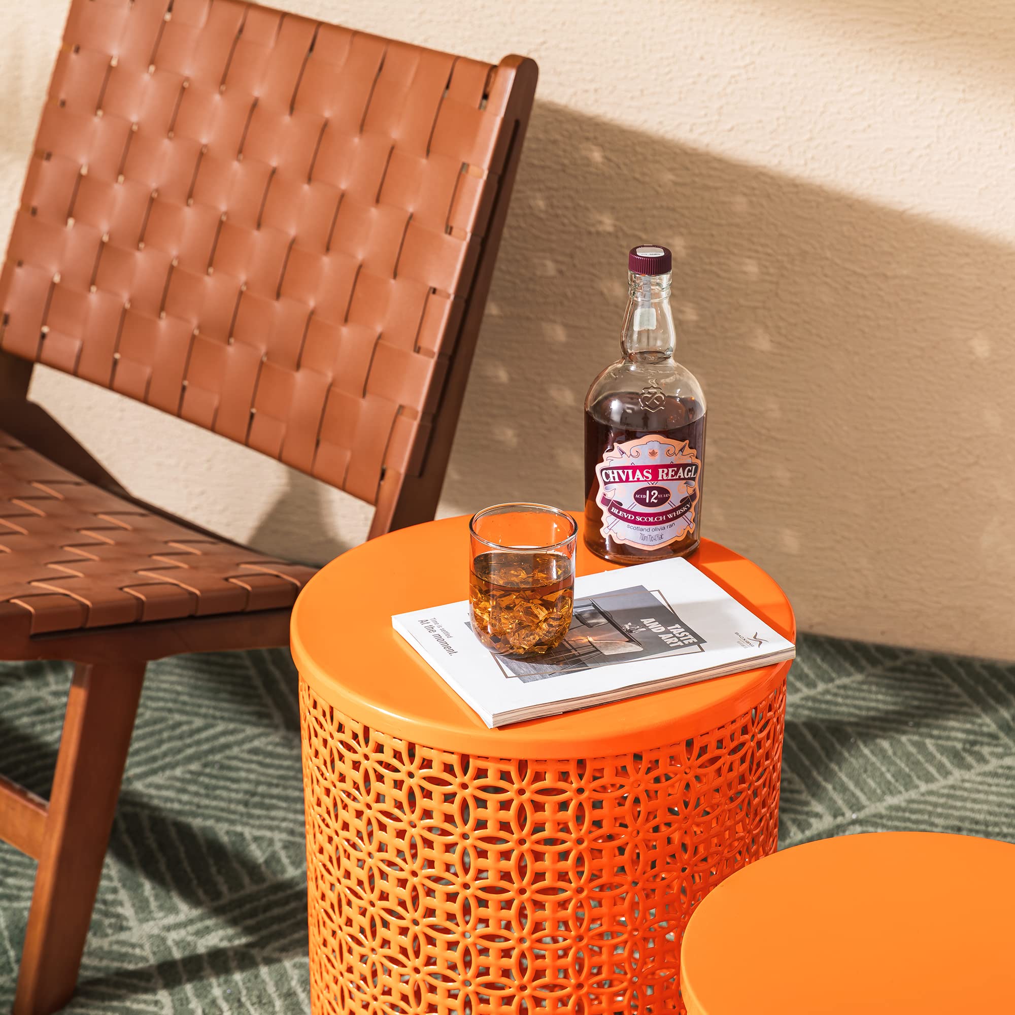 Glitzhome 2-Piece Outdoor Side Table Set - Heavy Duty Metal Frame Garden Stool for Indoor & Outdoor Use - Modern Glossy Orange Accent End Tables - Perfect for Patio, Deck, Balcony & Living Room Decor