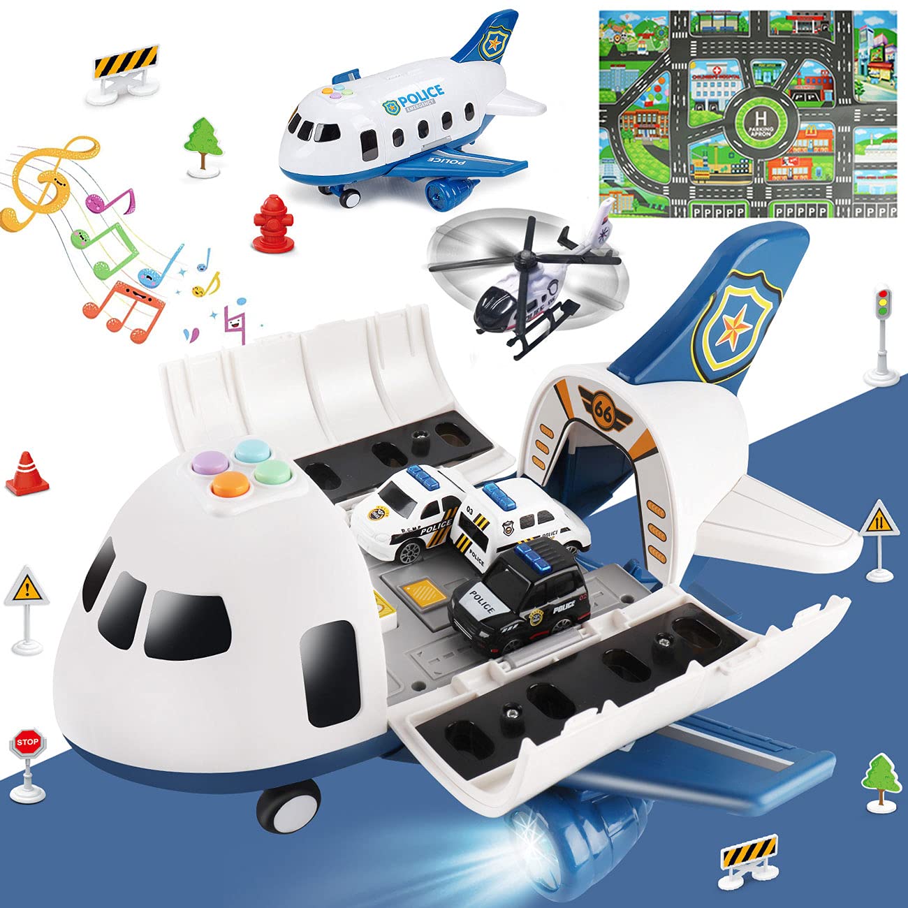 **Best Airplane & Police Car Toys for Kids 3-6 Years Old - 5-in-1 Friction Power Toys with Lights & Sounds, Activity Mat - Perfect Christmas & Birthday Gifts for Boys & Girls - Great for Indoor Play, Travel, and Pretend Play Adventures**