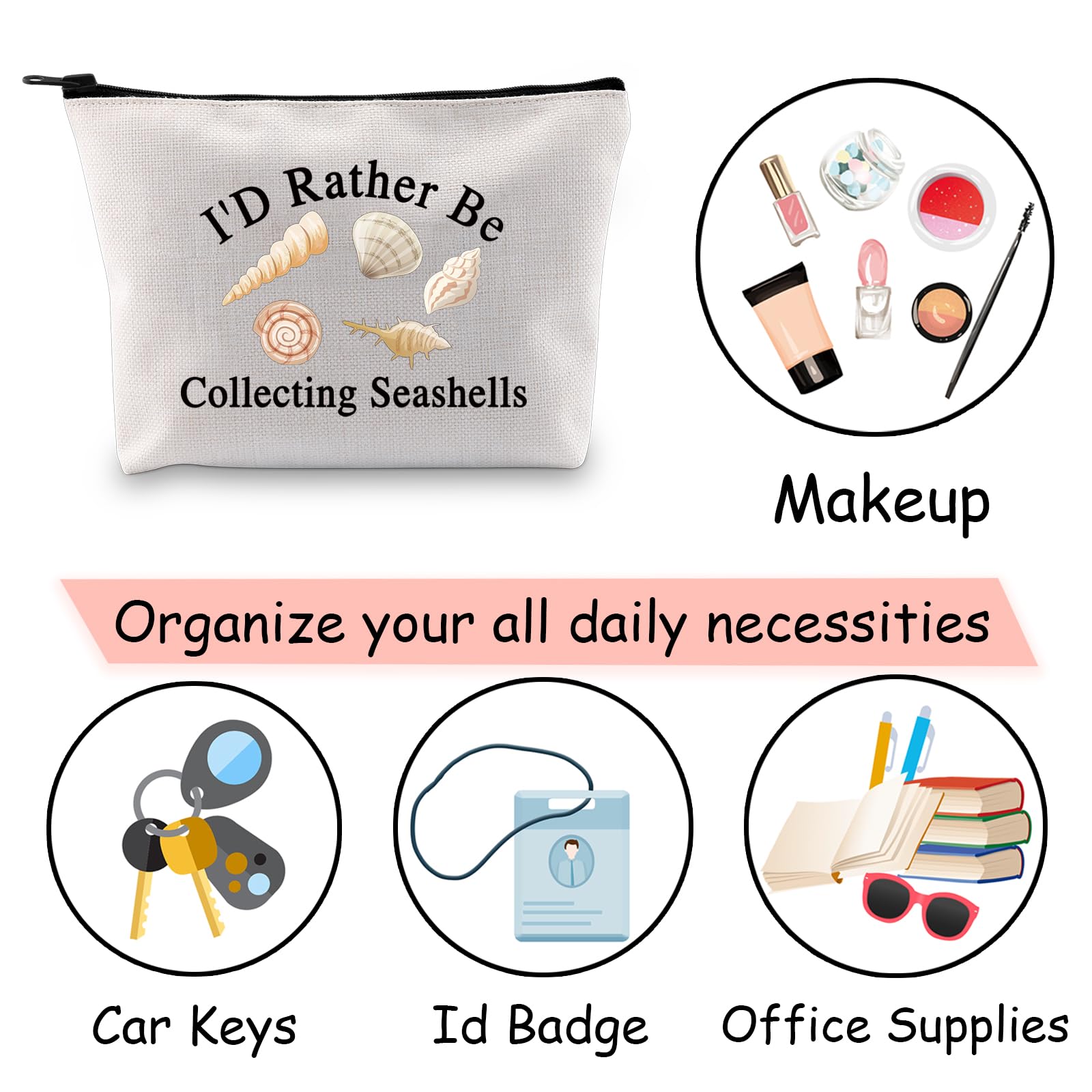 JXGZSO Seashell Collectors Gift - Zippered Toiletry Bag with 'I'd Rather Be Collecting Seashells' Print - Perfect Beach Vacation Accessory for Shell Collectors & Beachcombers