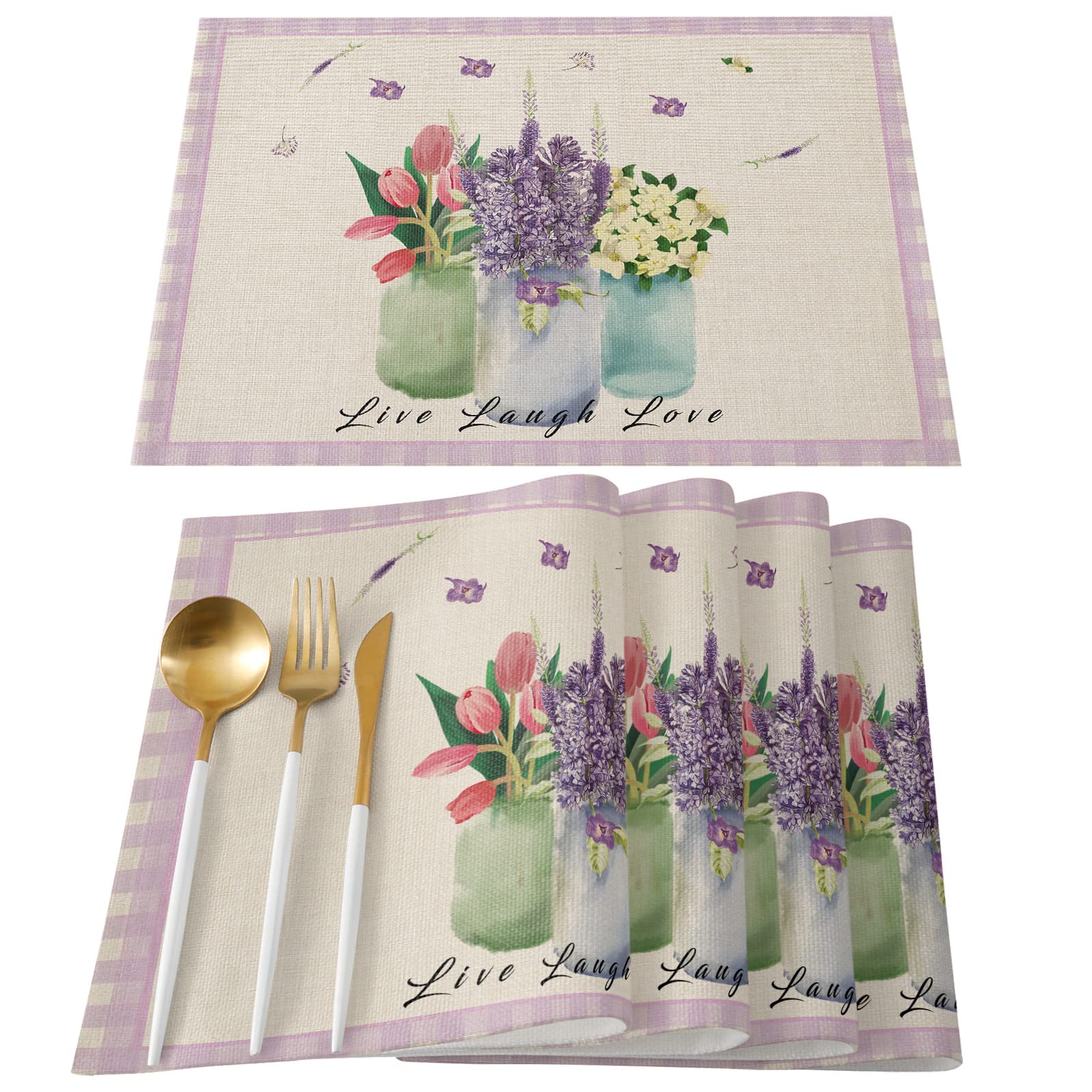 6-Pack Non-Slip Watercolor Floral Placemats - Wipe Clean Table Mats for Kitchen, Dining, Wedding & Banquet Decor - Indoor/Outdoor Use with Purple Buffalo Lattice Design - Perfect for Home, Restaurant, and Party Settings