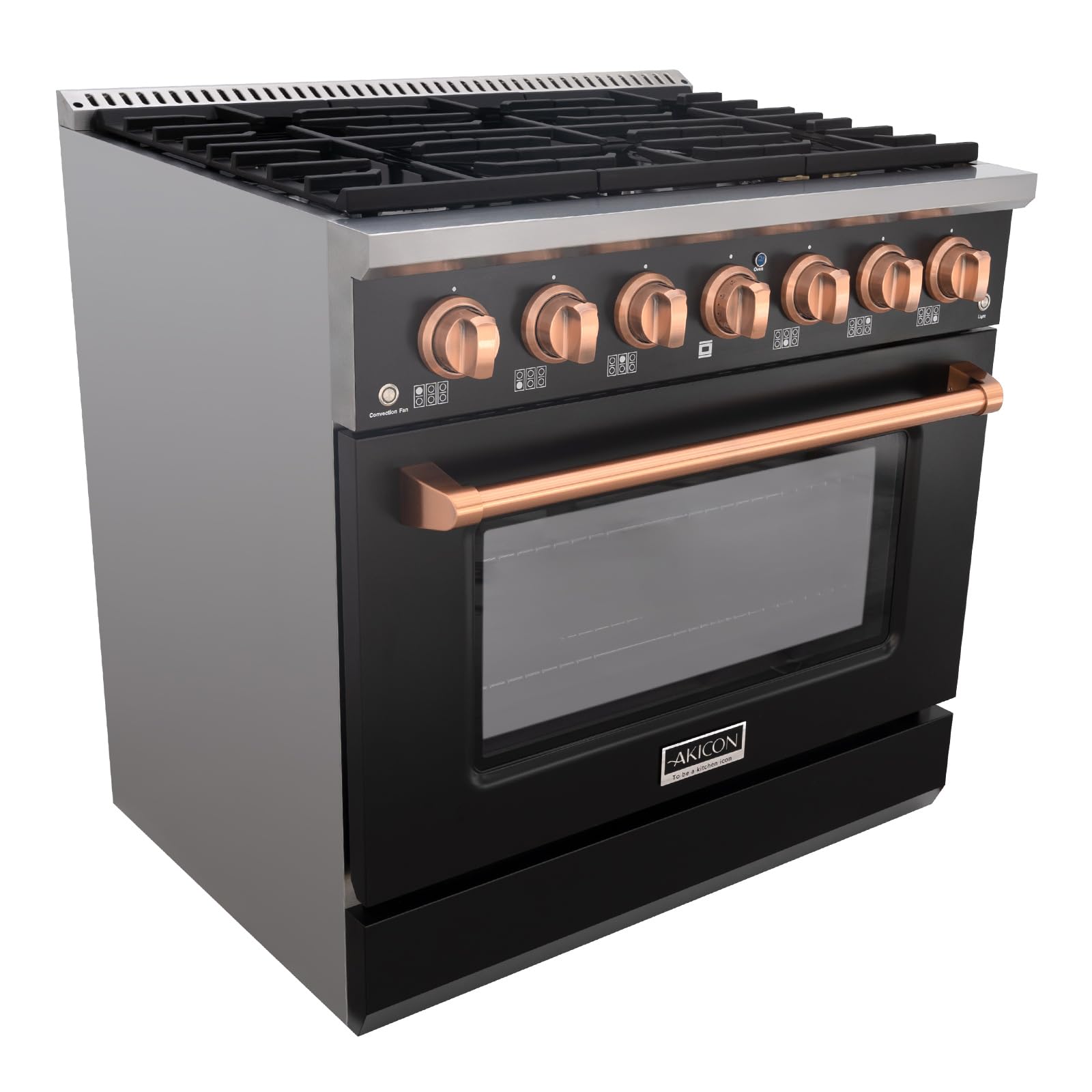 Akicon 36 Inch Freestanding Gas Range - 6 Sealed Burner Gas Stove with Heavy Duty Cast Iron Grates | 5.2 cu.ft Rapid Convection Oven | Blue Porcelain Interior (Black & Copper) | Perfect for Home Kitchen, Restaurant & Commercial Cooking
