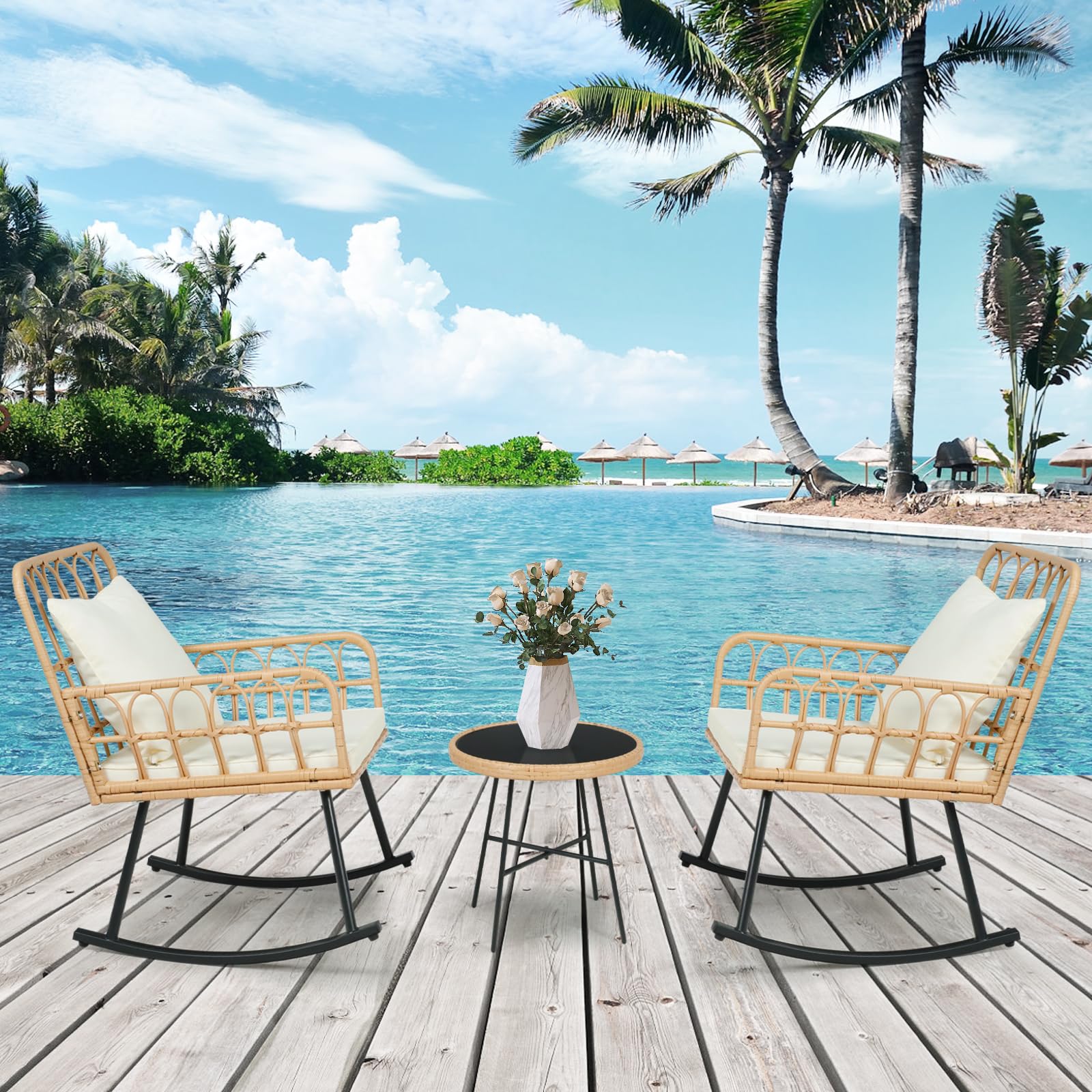 Vikiullf 2-Piece Patio Rocking Chair Set - Wide Outdoor Wicker Rattan Rockers with Thickened Cushions, 3-Piece Boho Furniture for Balcony, Garden, Porch & Living Room - Perfect for Relaxing, Reading & Entertaining Guests