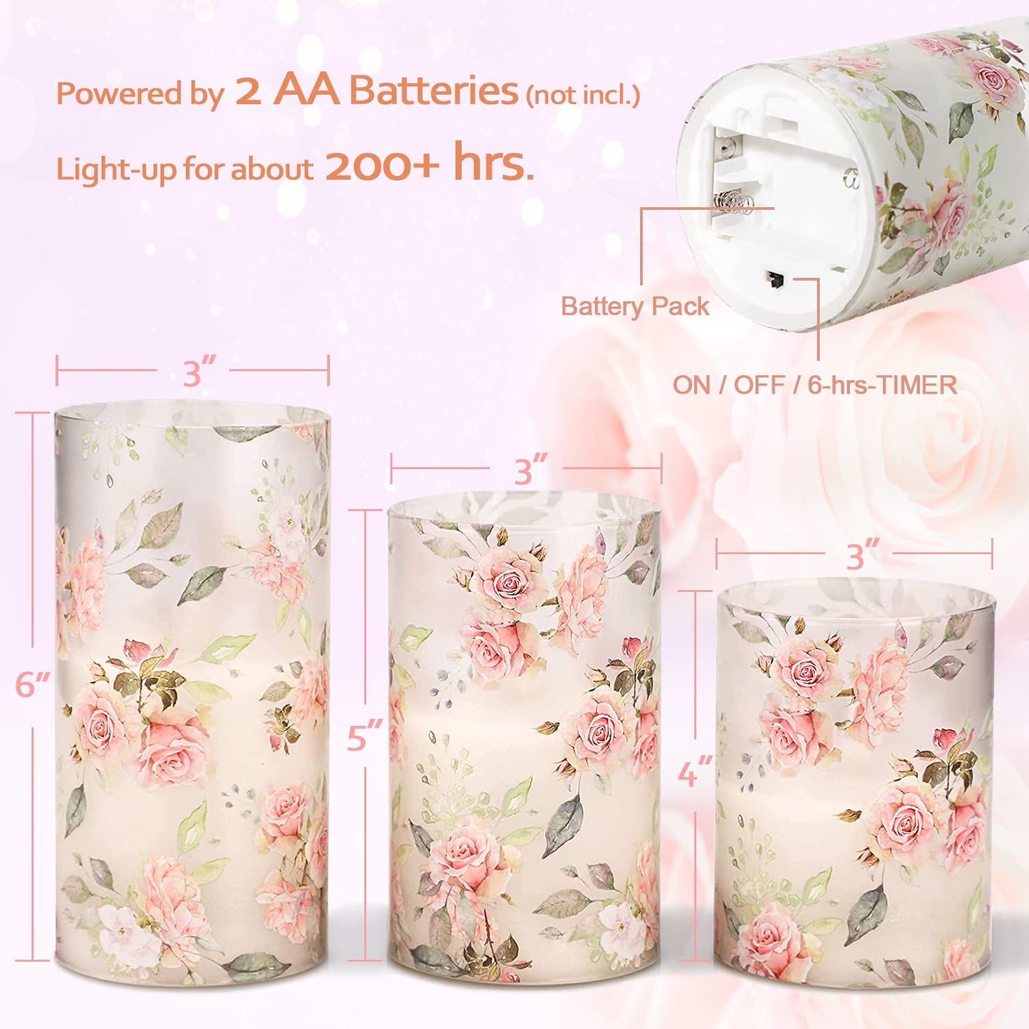 Realistic Pink Rose Flameless LED Candles with Remote - Battery Operated Flickering Glass Pillar Candles for Romantic Bedroom Decor, Wedding Centerpiece & Home Table Decoration