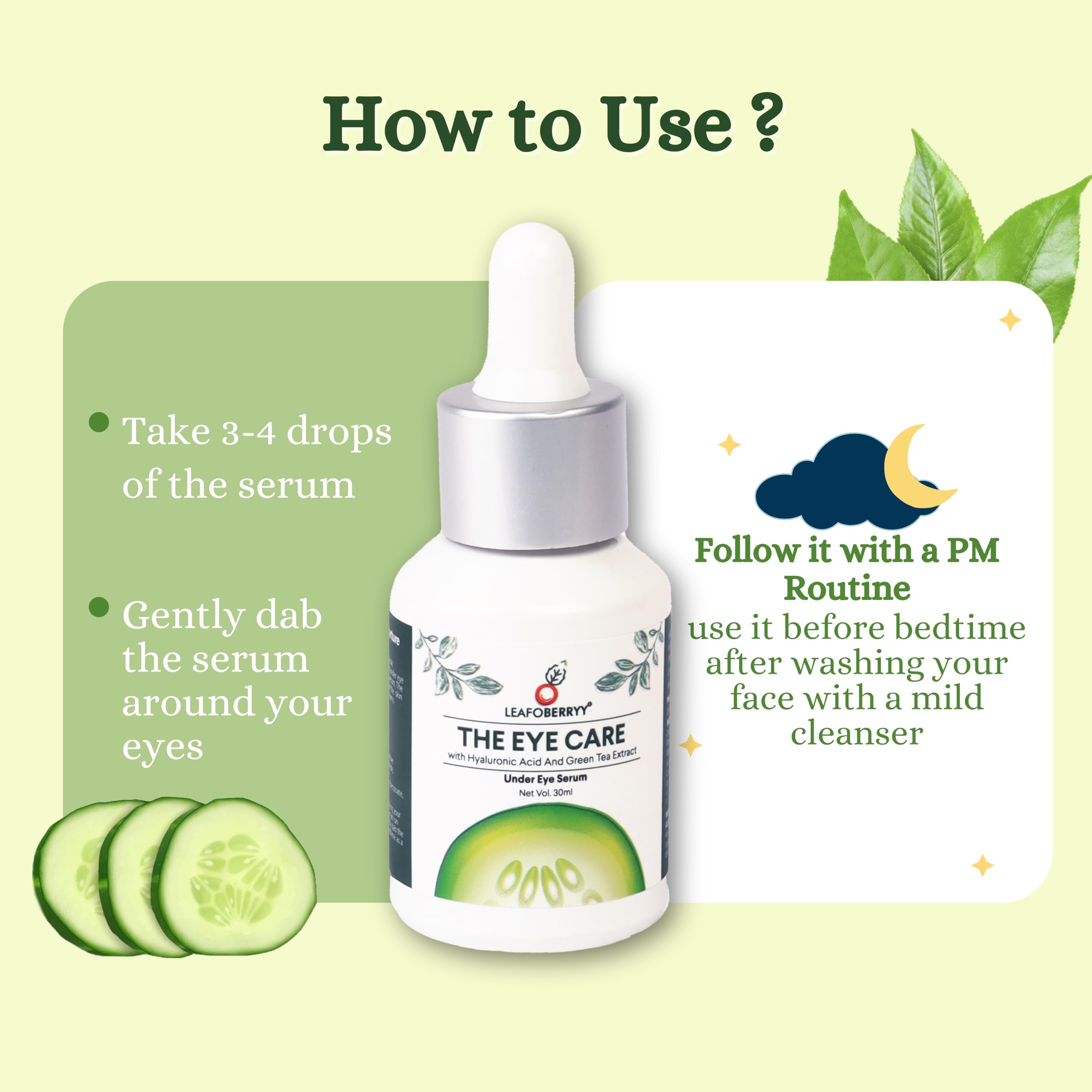Leafoberryy Under Eye Serum with Niacinamide & Green Tea Extract - Dark Circle & Puffiness Treatment | Hydrating Formula with Hyaluronic Acid & Allantoin | Brightens Under-Eye Area | 30ml | Perfect for Morning/Night Skincare Routine & Travel