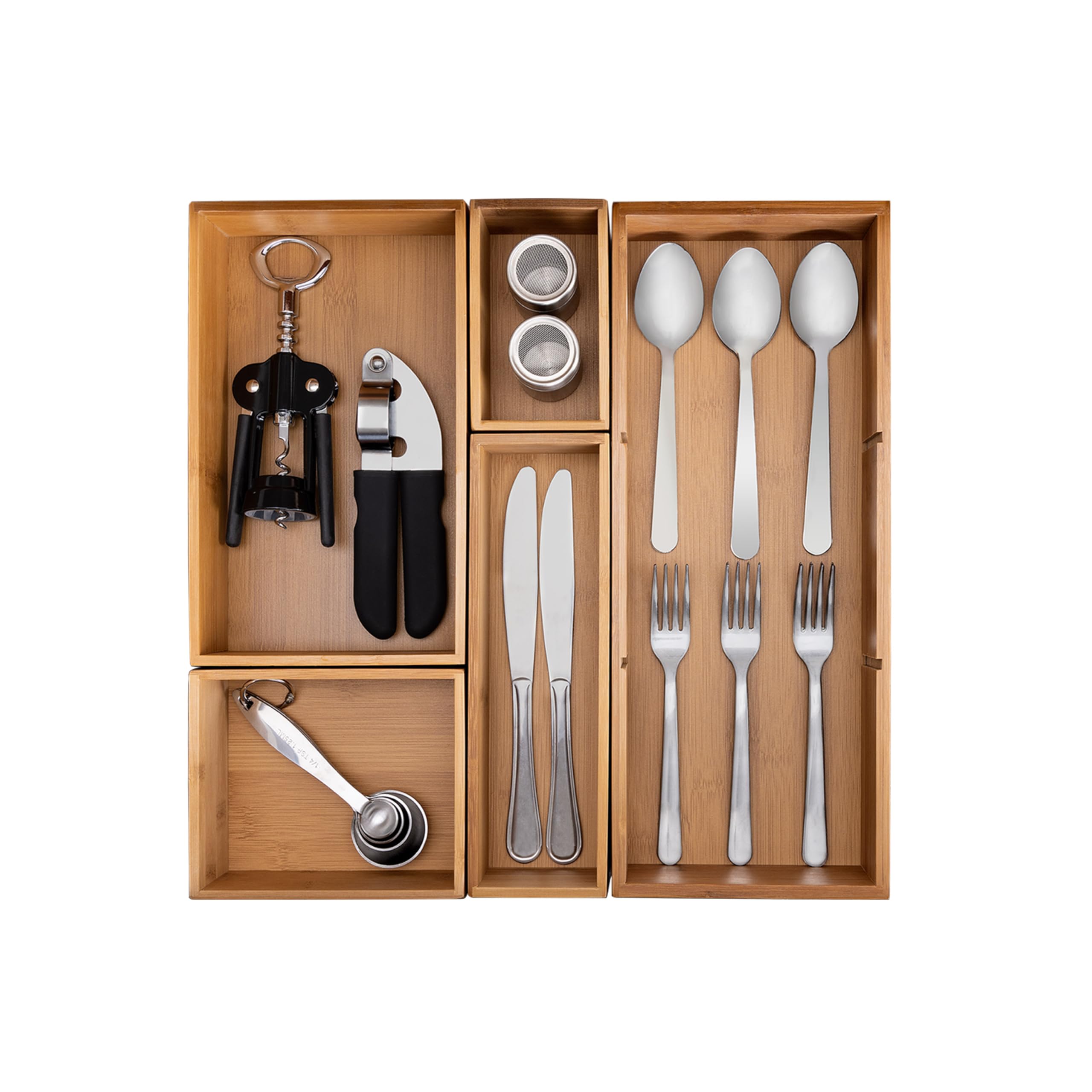 Seville Classics Premium Bamboo Organizer Storage Bins Set with Dividers - 5 Piece for Kitchen, Pantry, Closet & Office (Silverware, Utensils, Pens, Makeup, K-Cups) | Durable & Stylish Home Organization Solution