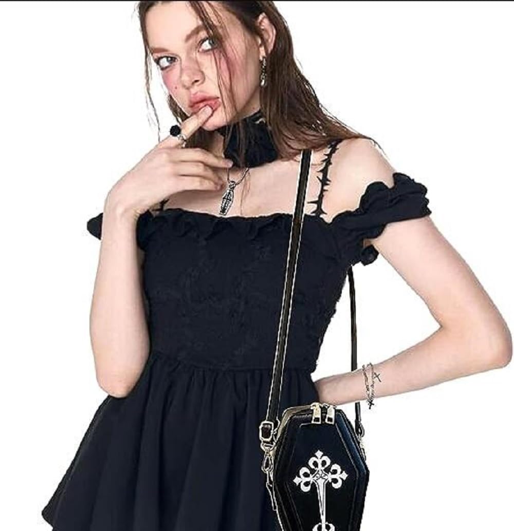 JeVenis Gothic Coffin Crossbody Bag - Stylish Novelty Purse for Women, Goth Shoulder Bag with Unique Design - Perfect for Halloween, Cosplay, and Alternative Fashion Outfits