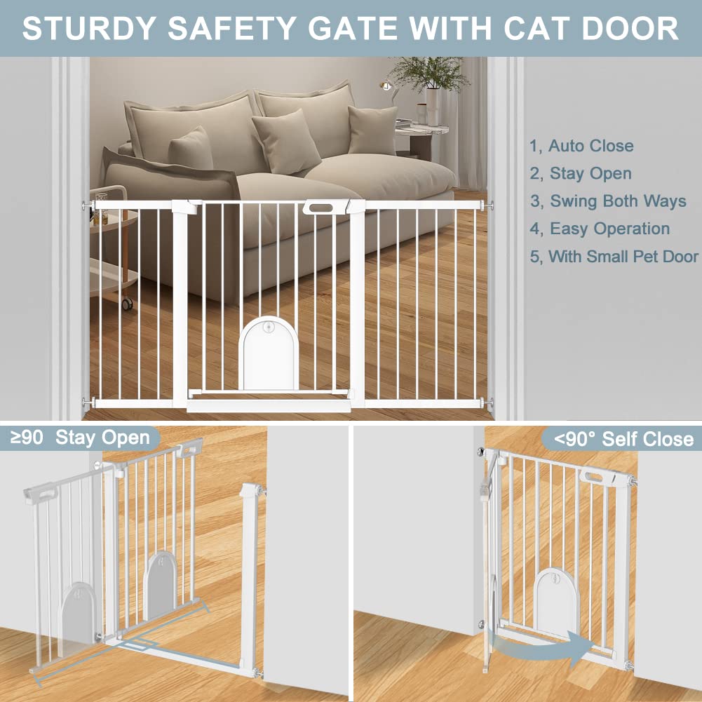 Extra Wide Baby Gate with Cat Door - 29.5-40.5 Inch Adjustable Pet Gate for Cats & Dogs, Pressure Mounted No Drill Safety Barrier for Stairs, Doorways & Hallways - White (Perfect for Indoor Use with Pets & Toddlers)