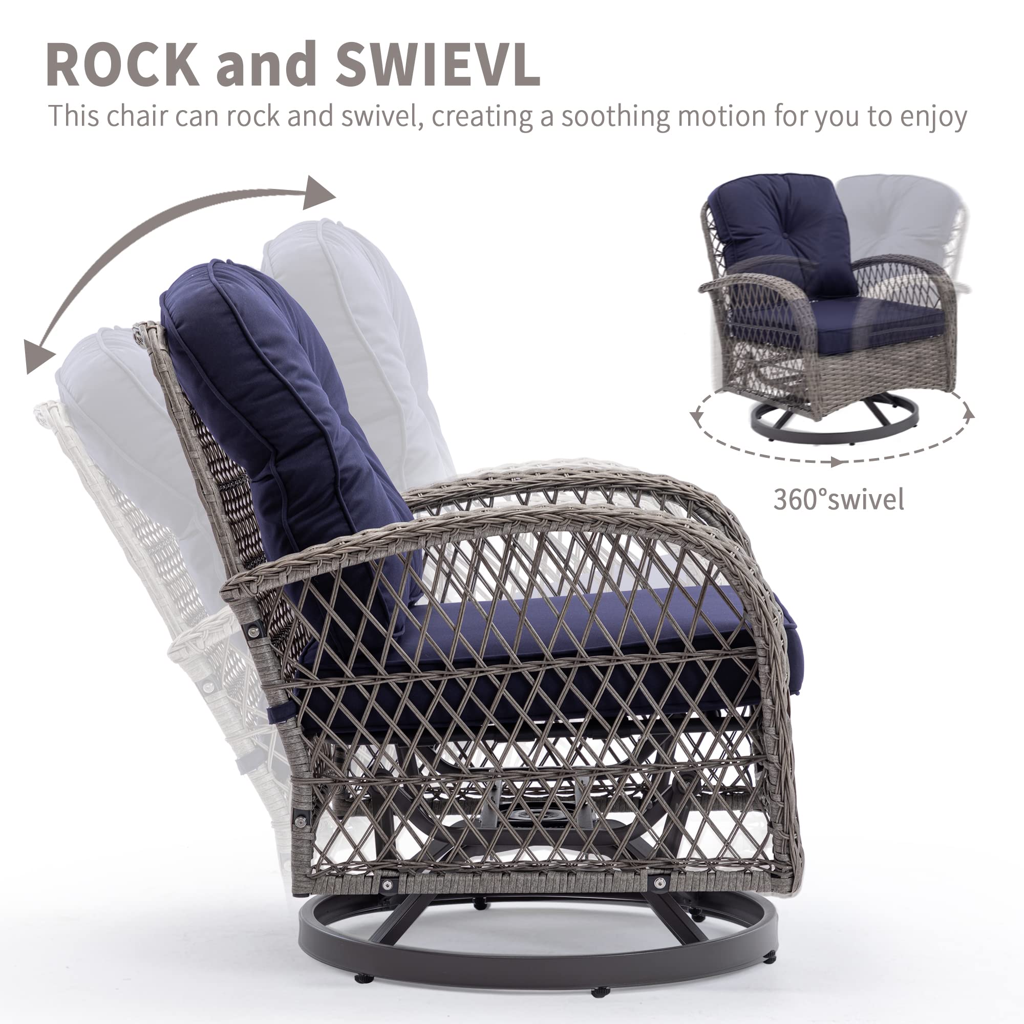 360° Swivel Patio Chairs Set - 3-Piece Outdoor Rocking Bistro Table & Chairs with Rattan Wicker Design & Cushions - Perfect for Front Porch, Garden, Deck and Backyard Relaxation