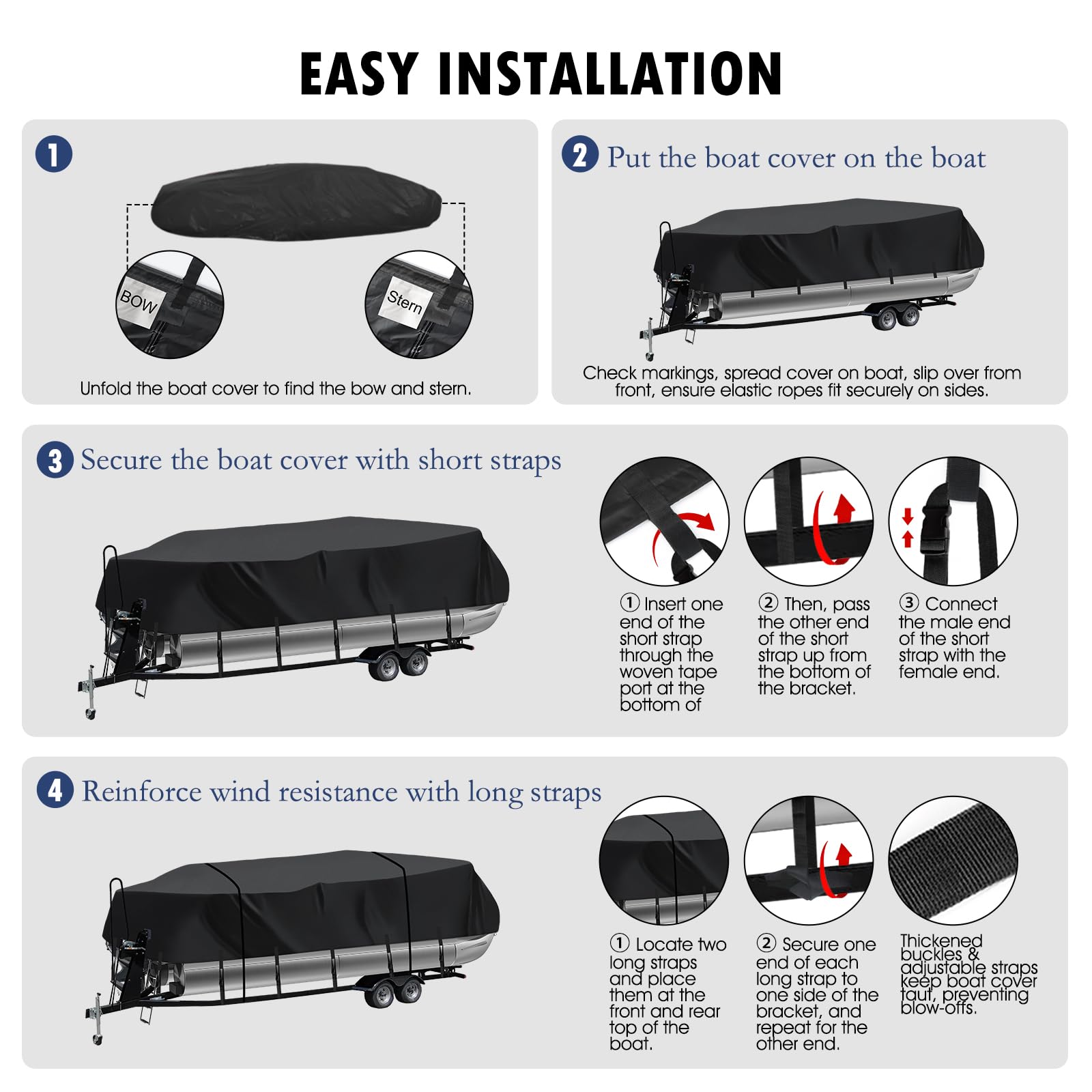 Heavy Duty Trailerable Pontoon Boat Cover 24'3''-26'2'' - Marine Grade Waterproof Cover with Adjustable Windproof Straps & UV Protection for SunTracker Party Barge/SPORTFISH/Fishin Barge - Perfect for Outdoor Storage & Boat Protection