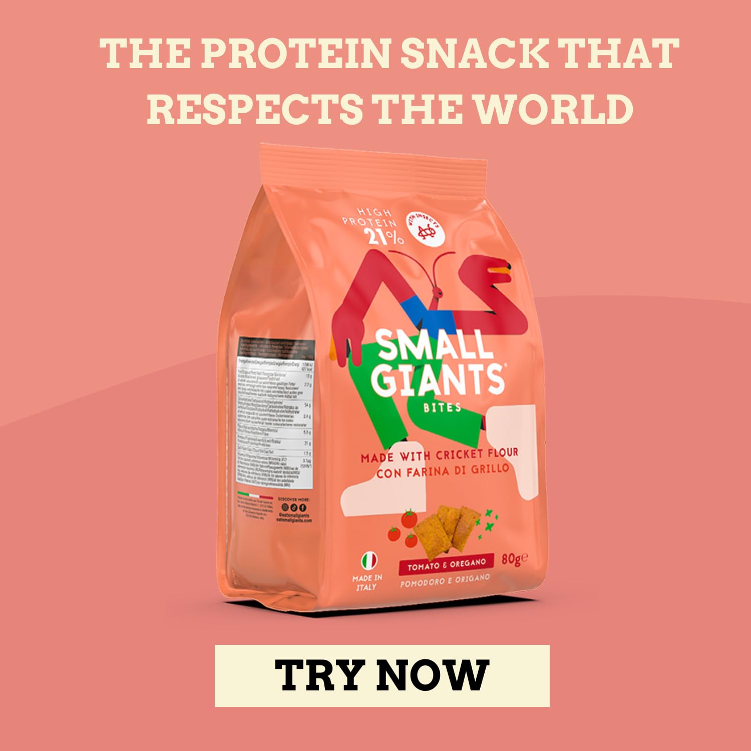 SMALL GIANTS® | Crackers Proteici con Farina di Grillo - Pomodoro & Origano | High Protein, Vit.B12, Omega3, Proteine Sostenibili, Senza Zuccheri Aggiunti | Snack Sano per Fitness e Dieta