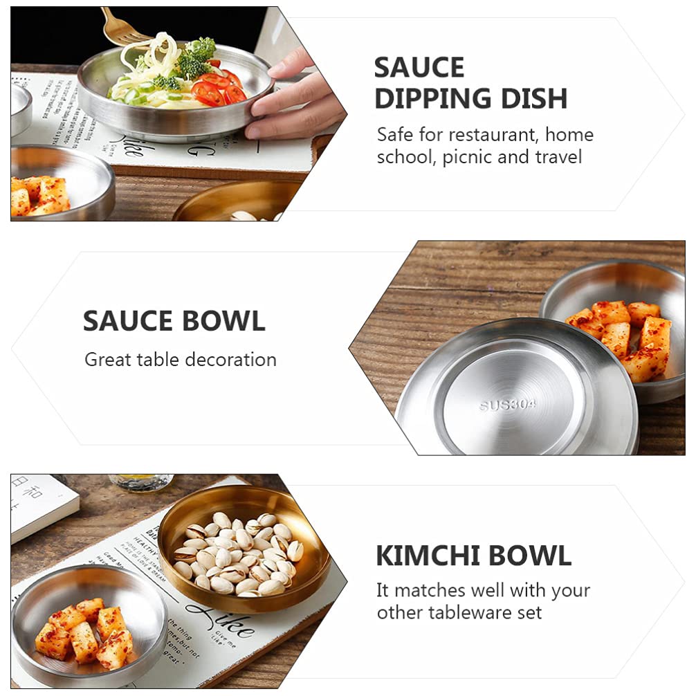 Hemoton 4-Piece Stainless Steel Double Layer Kimchi Bowls - Mixing Bowls for Appetizers, Dips, Sauces & Asian Spices - Perfect for Sushi, Korean Dishes & Food Tasting - Durable Metal Dipping Plates for Home & Restaurant Use