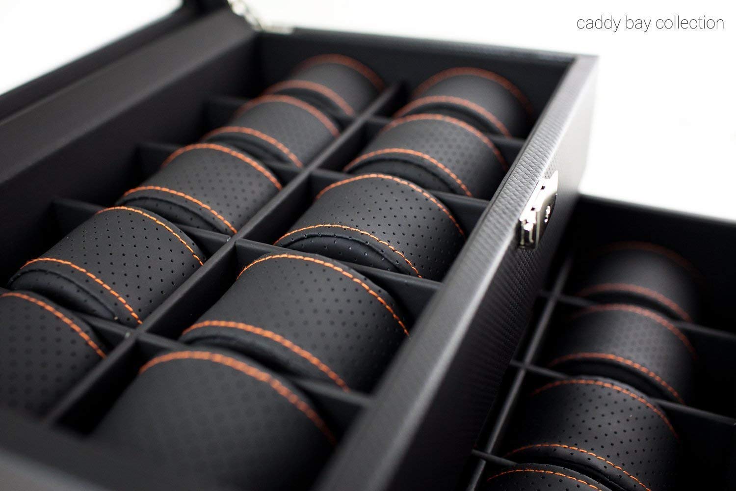 Premium Personalized Black Watch Box with Carbon Fiber Design & Orange Stitch Pillows - Holds 20 Watches (Up to 52mm) - Perfect for Watch Collectors, Gift Giving & Luxury Storage