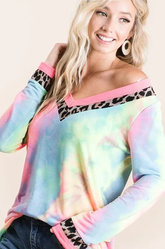 BiBi Tie Dye Terry V Neck Top - Soft Cotton Women's T-Shirt for Casual Wear, Summer Outfits & Beach Vacations