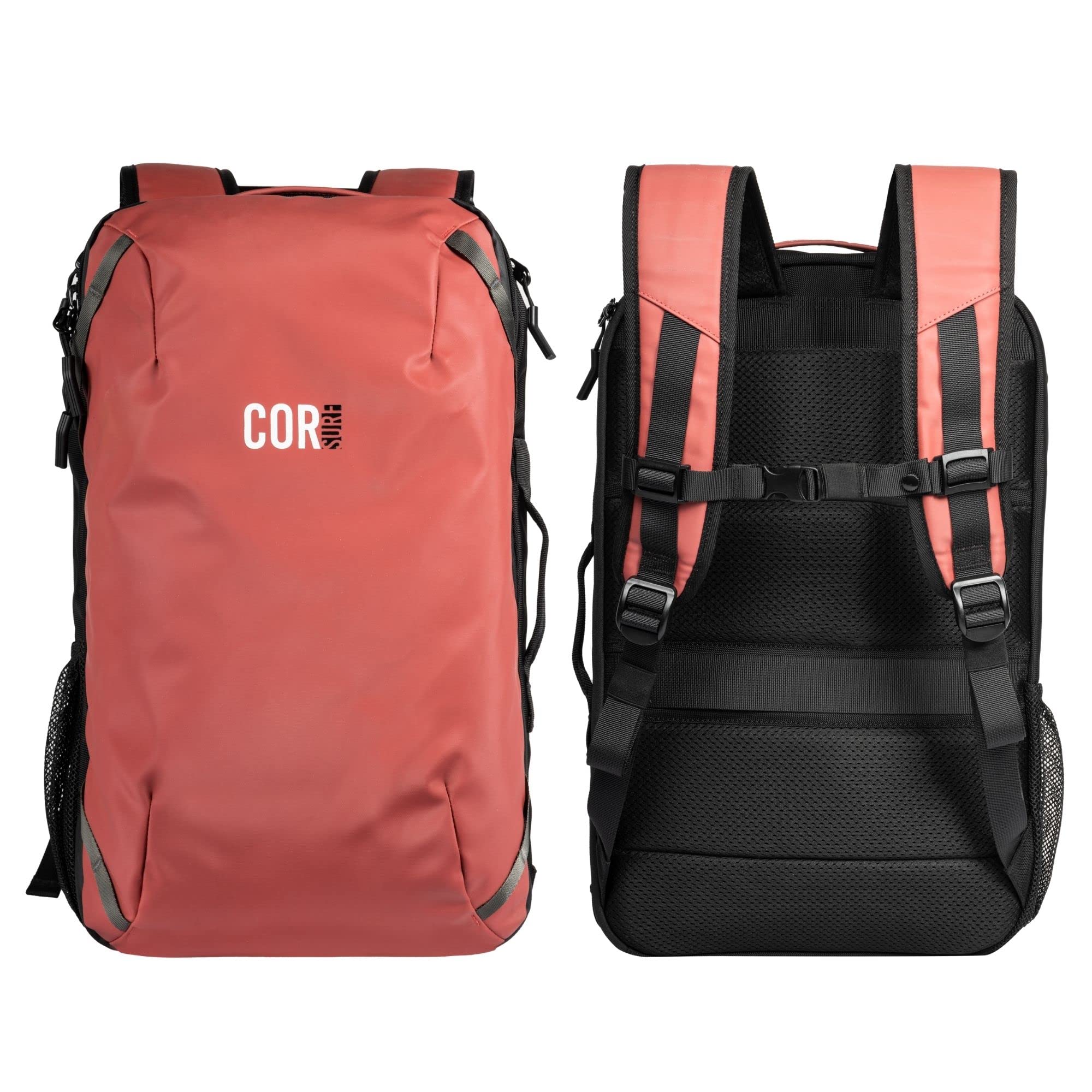 COR Surf Travel Backpack - TSA Approved 28L Carry On Laptop Backpack with Hidden Passport Pocket & USB Charging Port | Water Resistant Lightweight Daypack for Business Travel, Beach Vacation & Commuting (Lava Red)