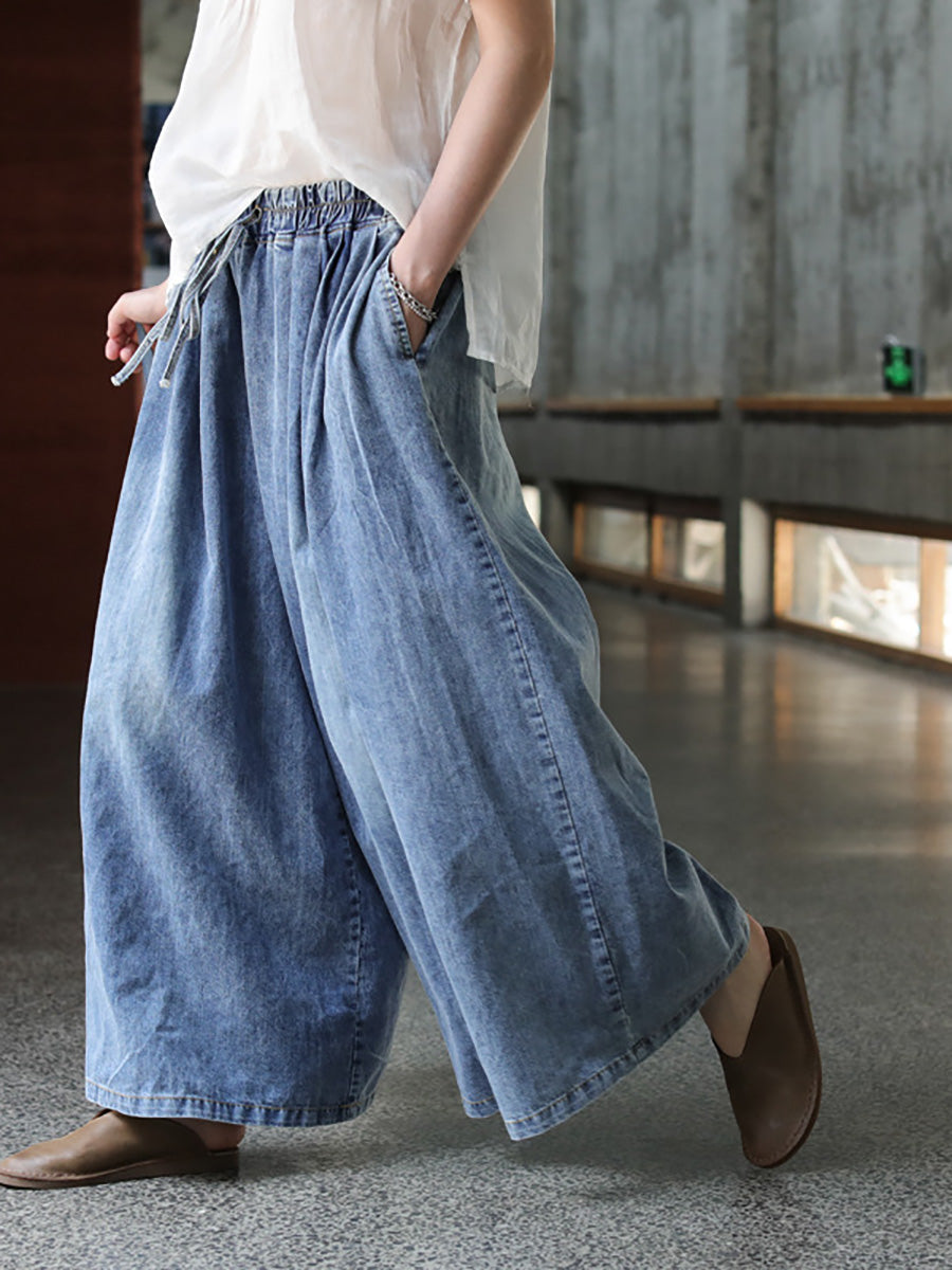 Plus Size Casual Drawstring Blue Denim Wide Leg Pants Jeans for Women - Comfortable Stretch High Waist Trousers for Everyday Wear, Work & Travel