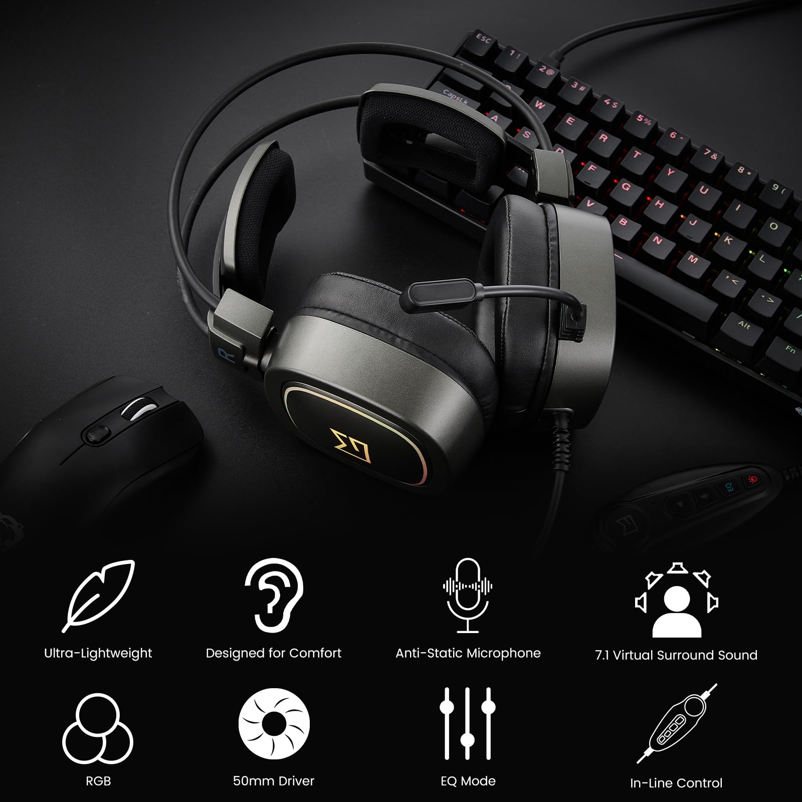 MA01 Wired USB-A Computer Headset with Microphone - 50mm Over-Ear Headphones for PC, Mac, Laptop - Perfect for Office Work, Home Use, Gaming & Online Meetings