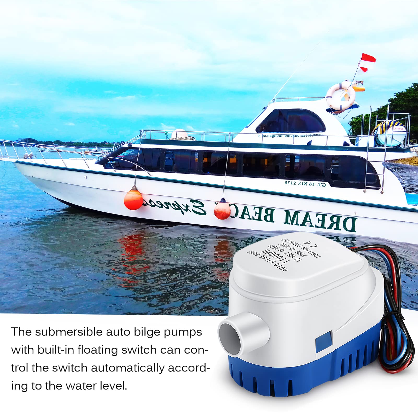 OurLeeme 12V 1100GPH Automatic Submersible Water Pump - Auto On/Off Bilge Pump for Boats, Ponds, Pools, Aquariums, Flood Control & Emergency Water Removal