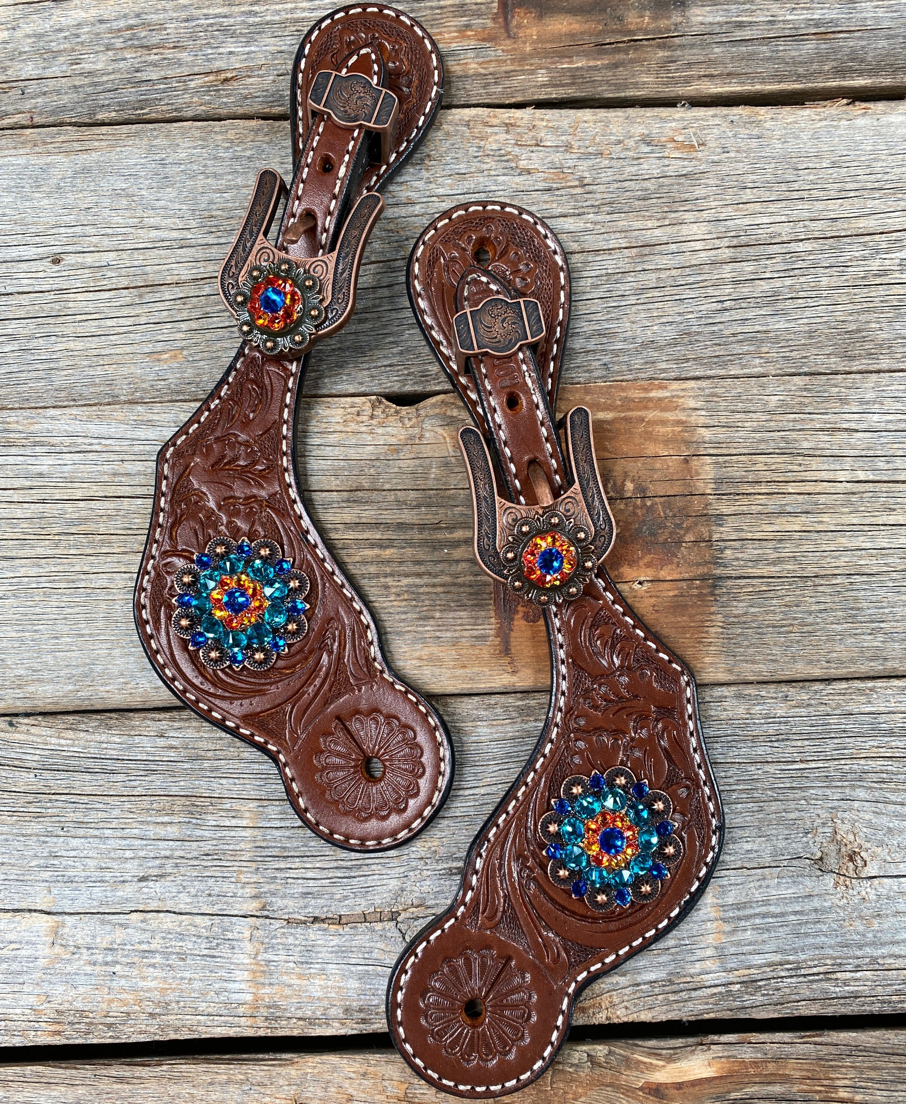 Medium Floral Spur Straps with Copper Crystal Conchos - Western Equestrian Accessories for Cowboy Boots & Riding Outfits - Perfect for Rodeo, Horse Shows & Country Fashion