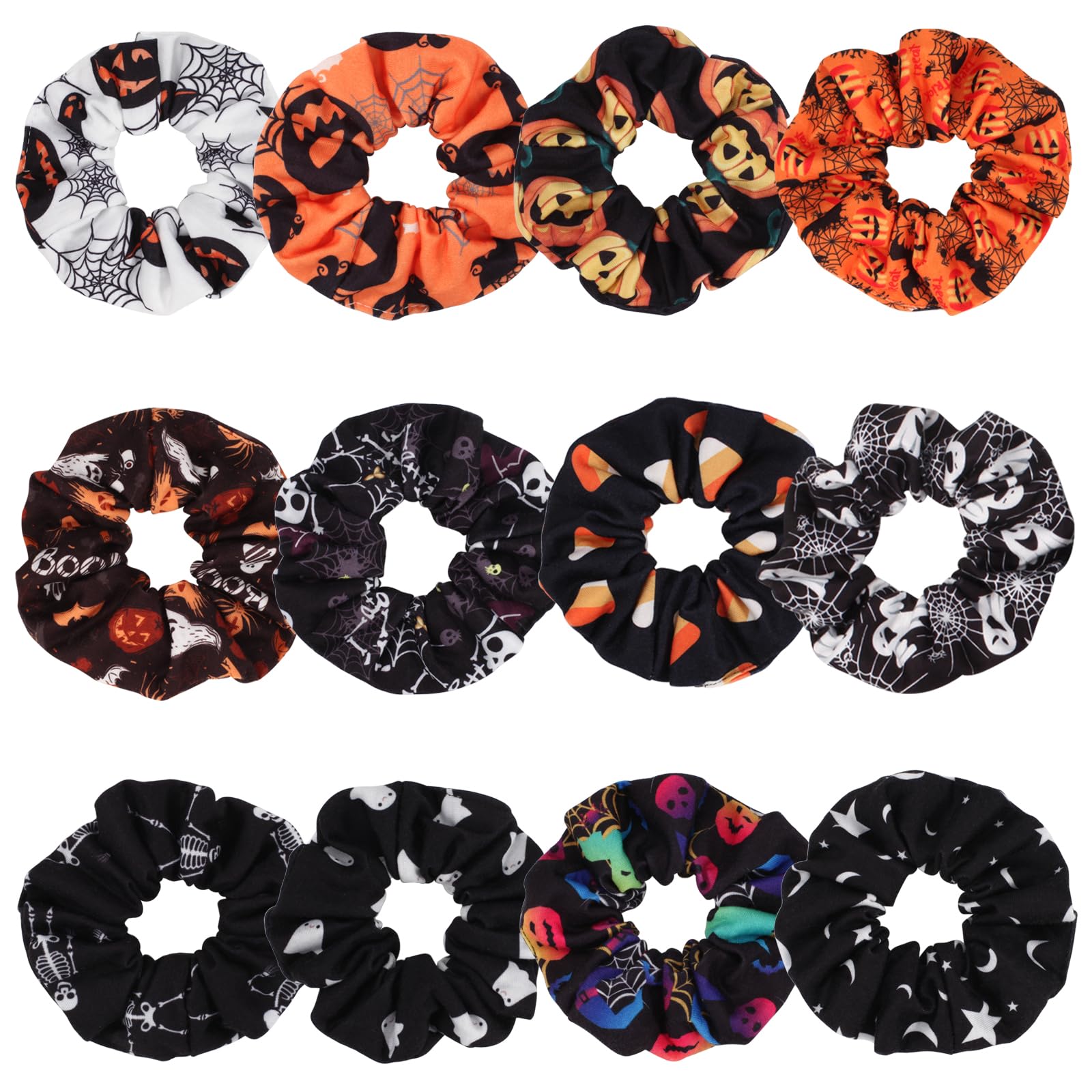 Spooky Halloween Hair Scrunchies Set - 12 PCS Pumpkin, Skull, Ghost, Bat, Star & Moon Hair Ties for Women & Girls | Cute Fall Hair Accessories for Costume Parties, Trick or Treat, Halloween Gifts & Daily Use