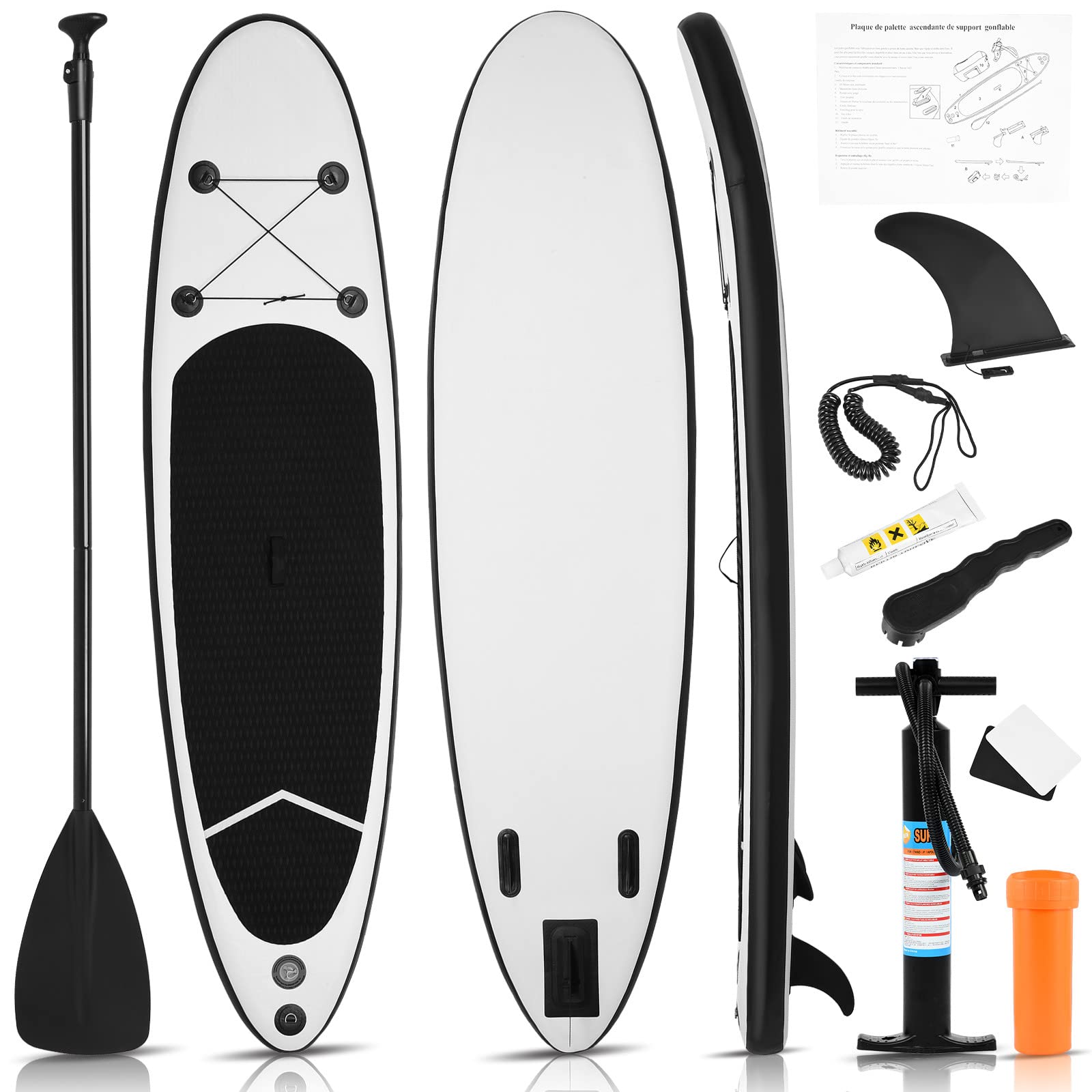 10' Inflatable Stand Up Paddle Board (SUP) with Complete Accessories Kit - Lightweight Backpack, Adjustable Aluminum Paddle, Non-Slip EVA Deck, Hand Pump, Safety Leash, Removable Fins & Waterproof Phone Case for Youth & Adults - Perfect for Lakes, Rivers & Ocean Recreation