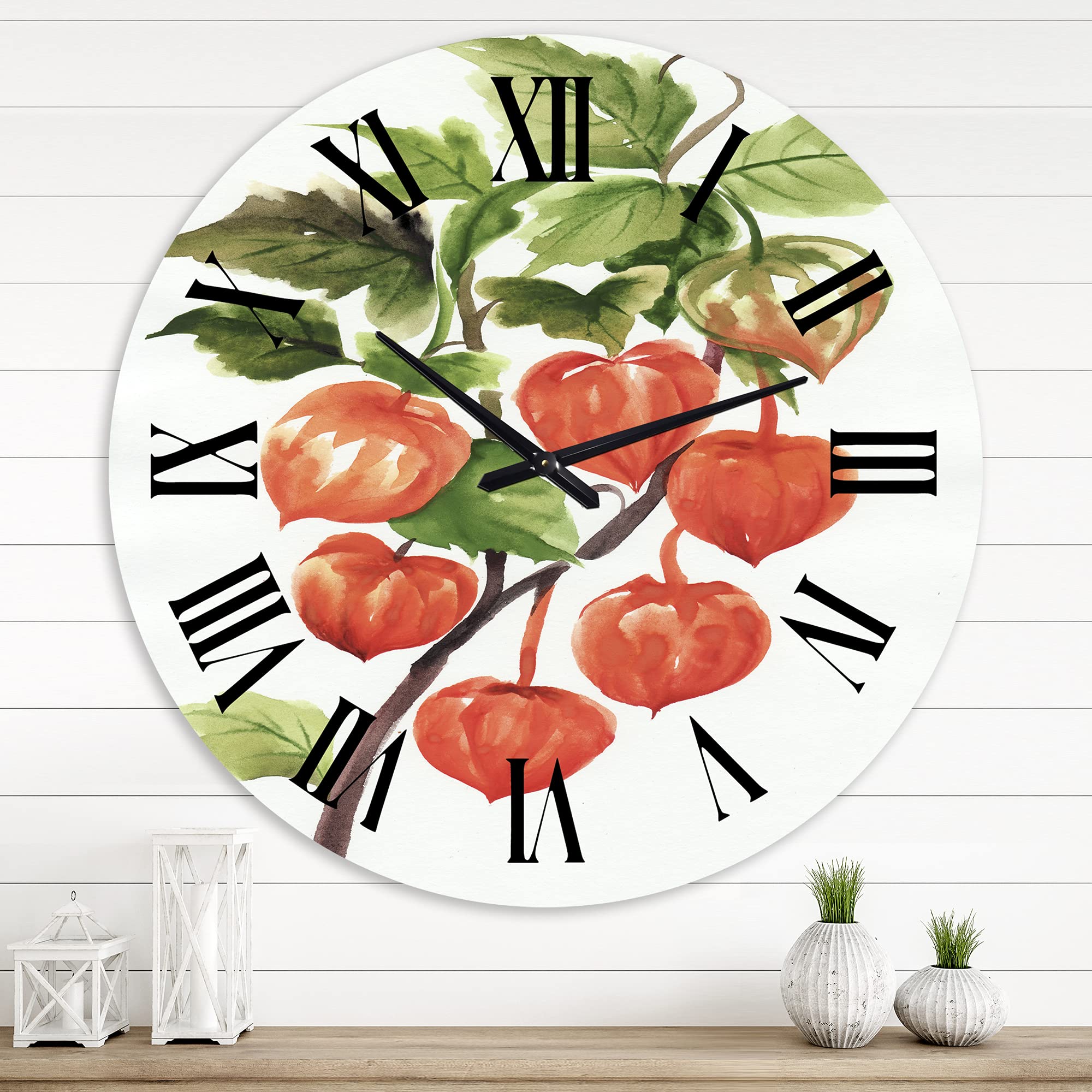 DesignQ Traditional Wall Clock 'A Branch of Red Physalis' - Large Landscape & Nature Wall Clock for Home, Office, Living Room Decor - Perfect for Farmhouse, Rustic, Vintage Interior Design