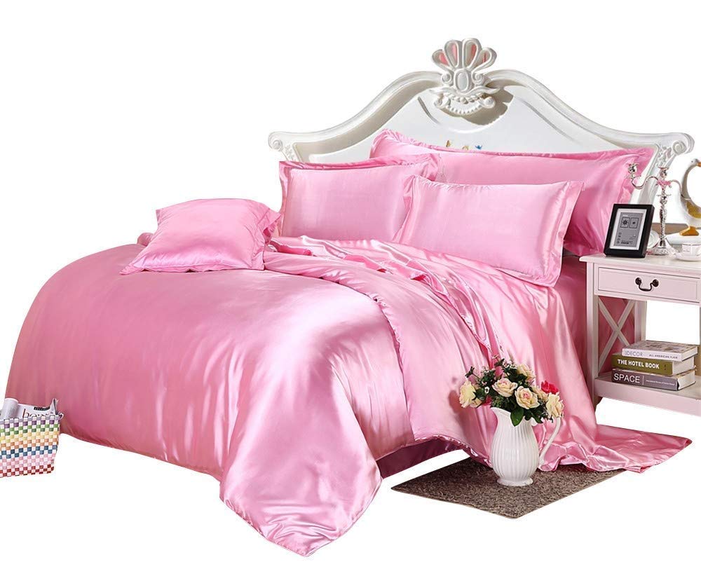 Luxury 4-Piece Pink Satin Duvet Cover Set - California King Size, Soft Silky Fabric with 1 Button Closure Duvet Cover, 1 Deep Pocket Fitted Sheet (21