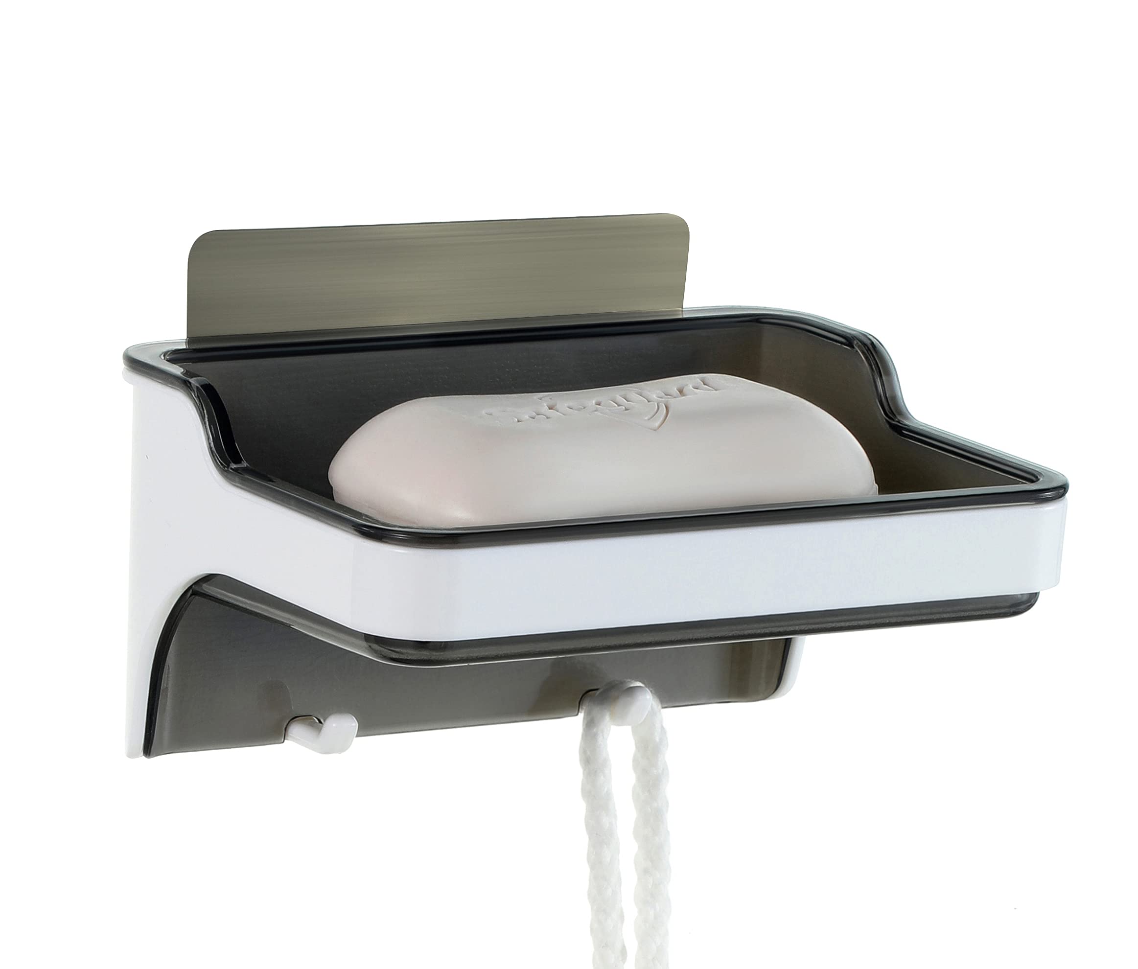 Wall Mounted Soap Dish with Hooks - No Drill Adhesive Soap Holder & Saver Tray with Drain for Shower, Bathroom, Kitchen | Bar Soap Organizer (White/Transparent Grey) - Perfect for Small Spaces & Travel