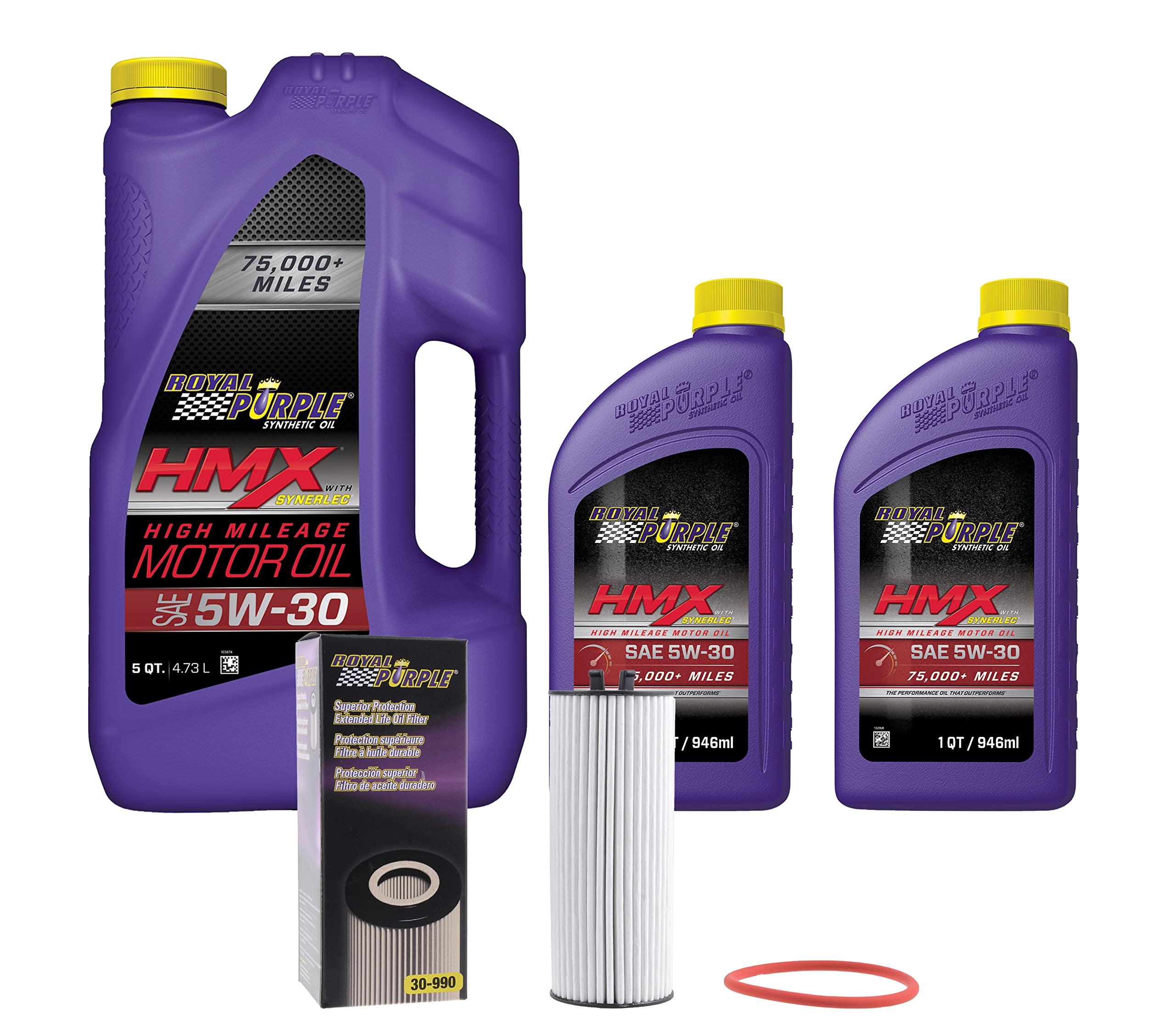 Royal Purple HMX® 5W-30 Synthetic High Mileage Motor Oil – 7 Quarts with 30-990 Extended Life Premium Oil Filter | For Cars, Trucks & SUVs with Over 75,000 Miles | Improved Engine Protection & Performance