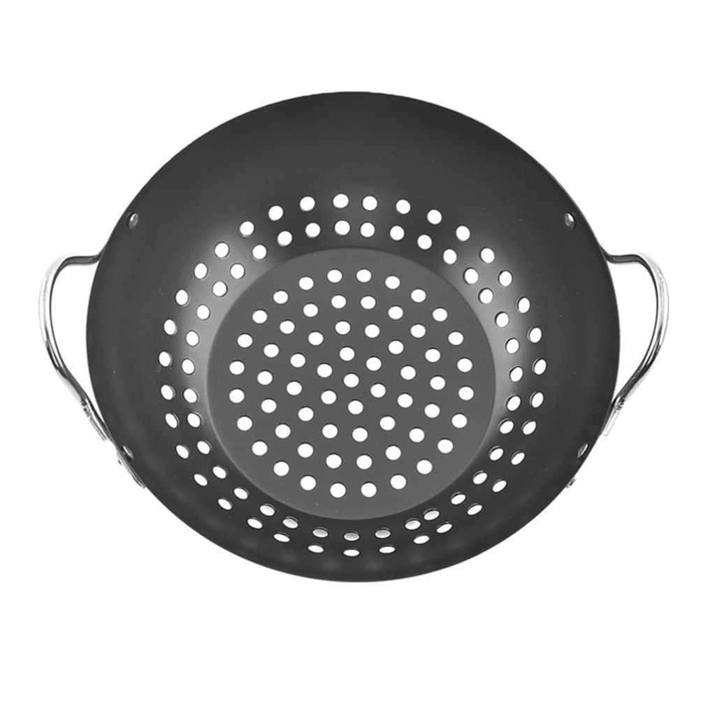 YARNOW 11 Inch Heavy Duty Carbon Steel BBQ Grill Basket - Round Grill Wok with Handle for Vegetables, Seafood, Meats & Shrimp Kabobs - Perfect for Outdoor Camping, Backyard BBQs & Picnics (Black)