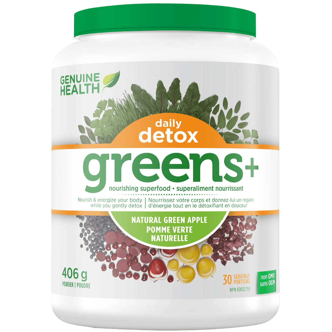 Genuine Health Greens+ Daily Detox Superfood Powder - Green Apple Flavor 14.3oz (406g) for Immune Support & Energy Boost | Perfect for Smoothies, Juices & Wellness Routines