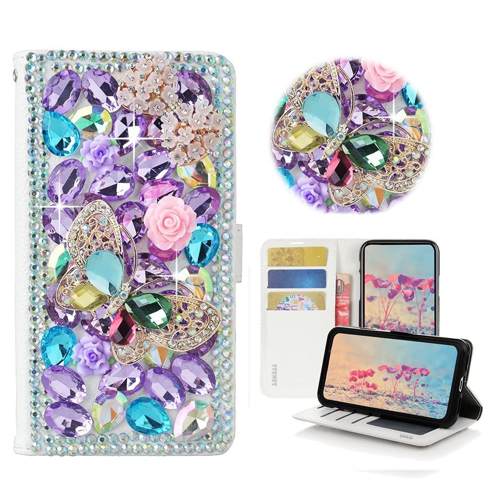 STENES Bling Wallet Phone Case for iPhone 13 Mini - 3D Handmade Butterfly Bowknot Floral Leather Cover with Card Slots, Screen Protector & Lanyard - Light Purple - Perfect for Parties, Travel & Everyday Use
